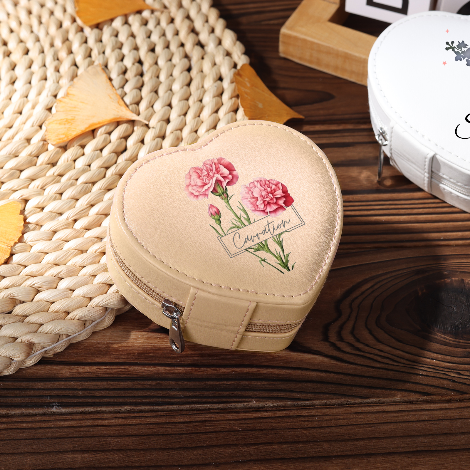 Personalisierter Name & Geburtsblume Herz PU Leder Schmuckaufbewahrung Schmuckzubehör Aufbewahrungsbox für Schmuck