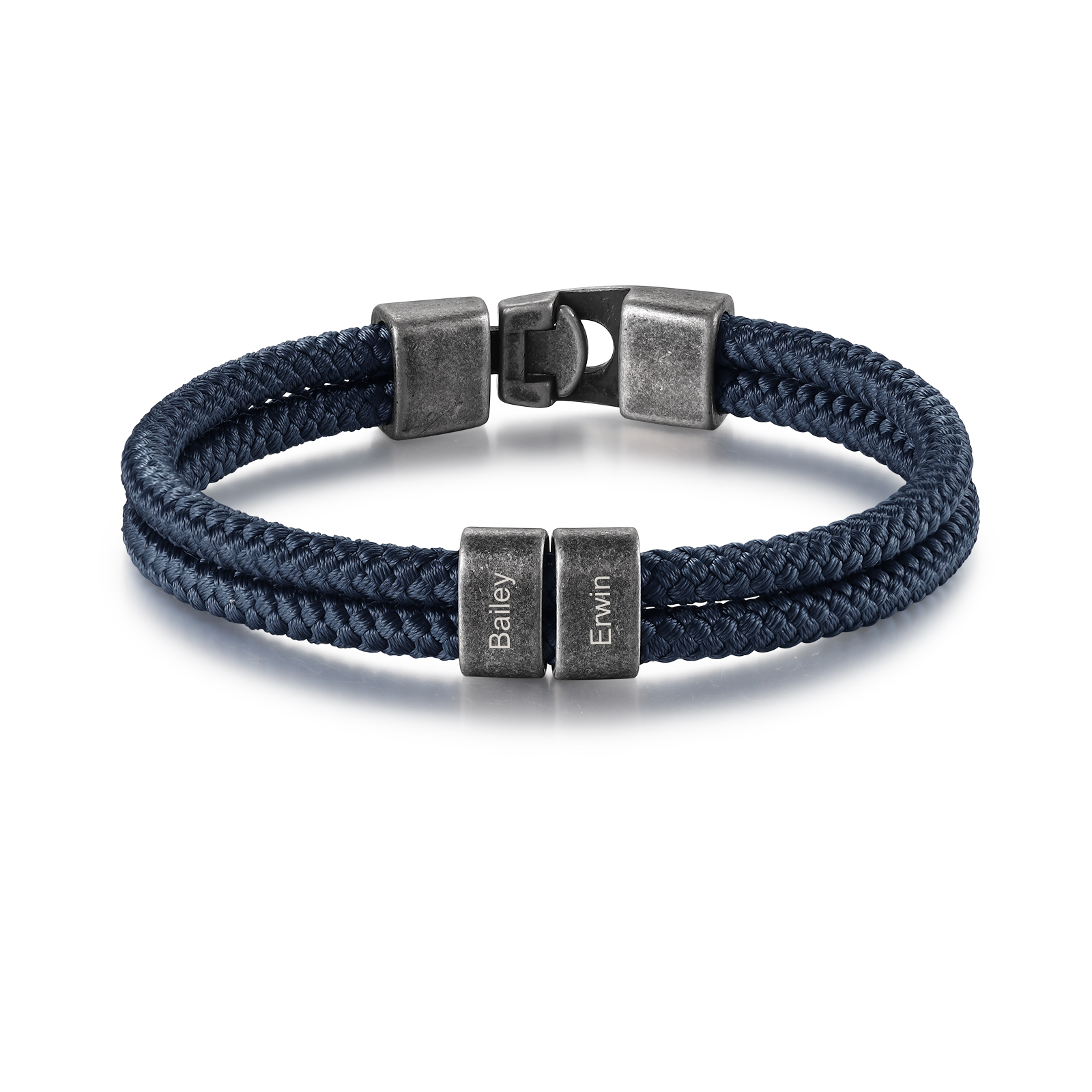 Herren Schmuck-Personalisierte 2 Namen Vintage Edelstahl Perlen Armband mit Tintenblaue Nylon Kette