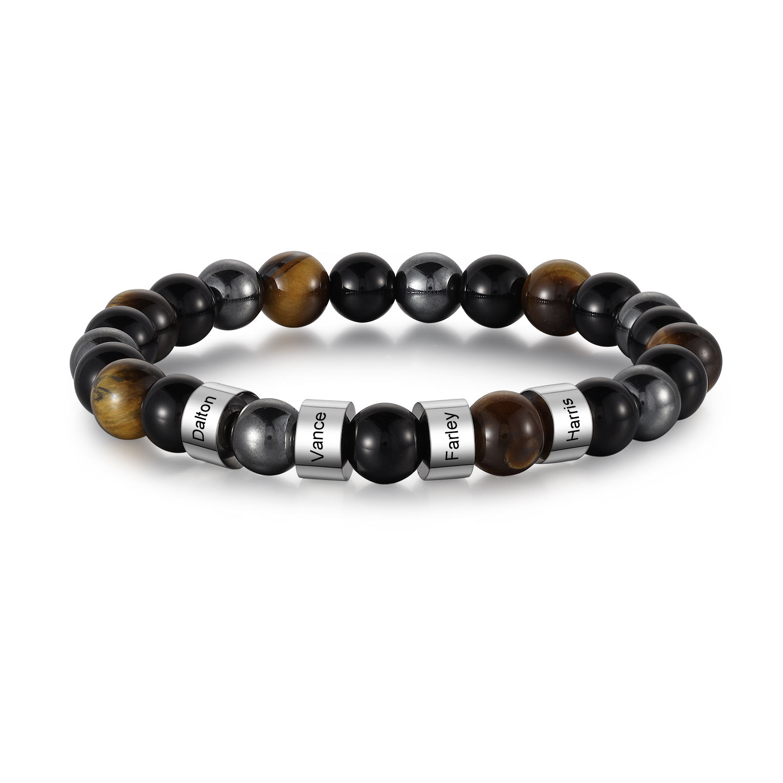Herren Schmuck-Personalisierte 4 Namen Edelstahl Perlen Armband mit Tigeraugestein & Obsidian