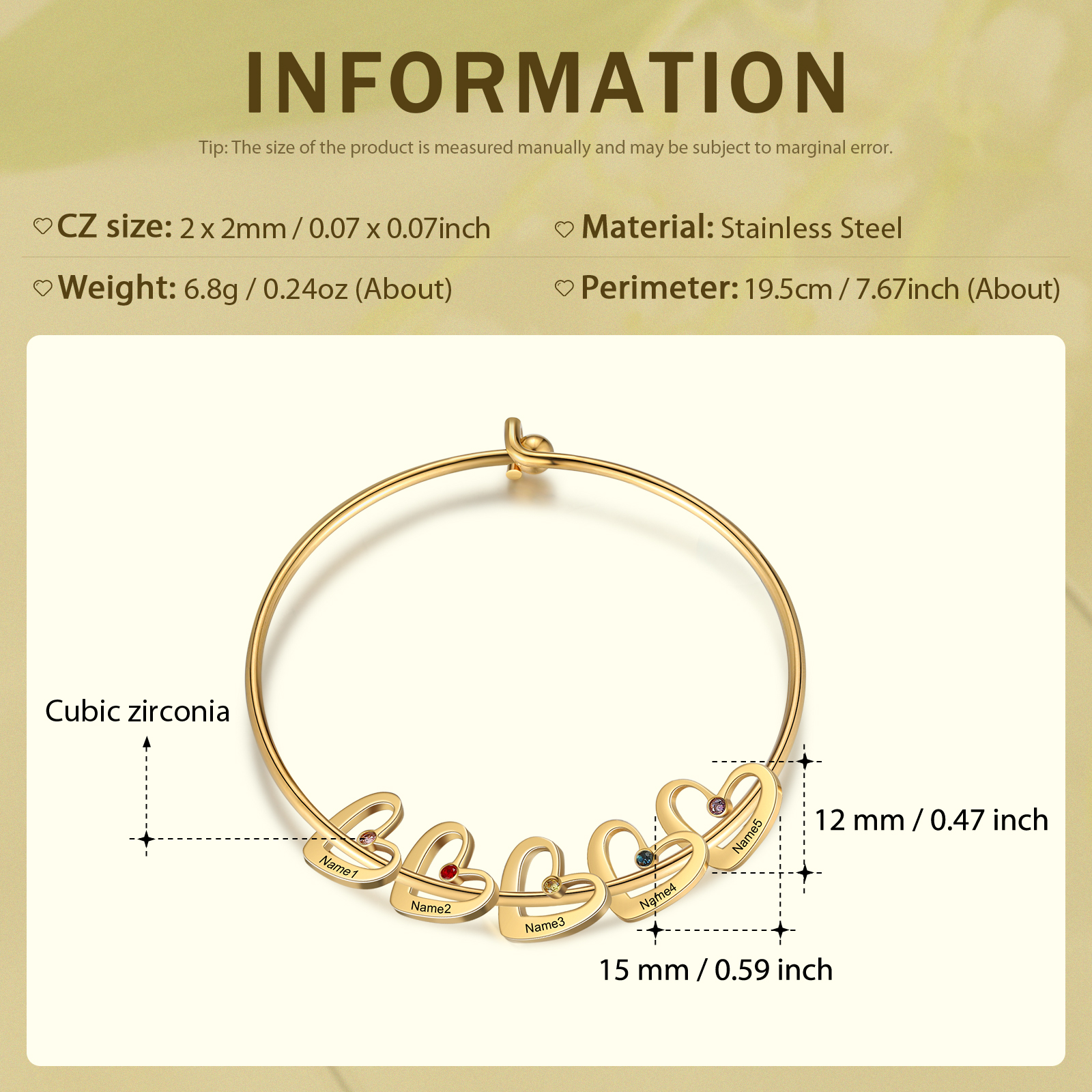 Benutzerdefinierte 5 Namen Herz Charme Armband mit 5 Geburtssteinen