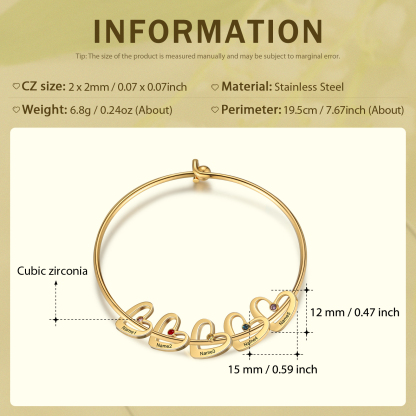 Benutzerdefinierte 5 Namen Herz Charme Armband mit 5 Geburtssteinen