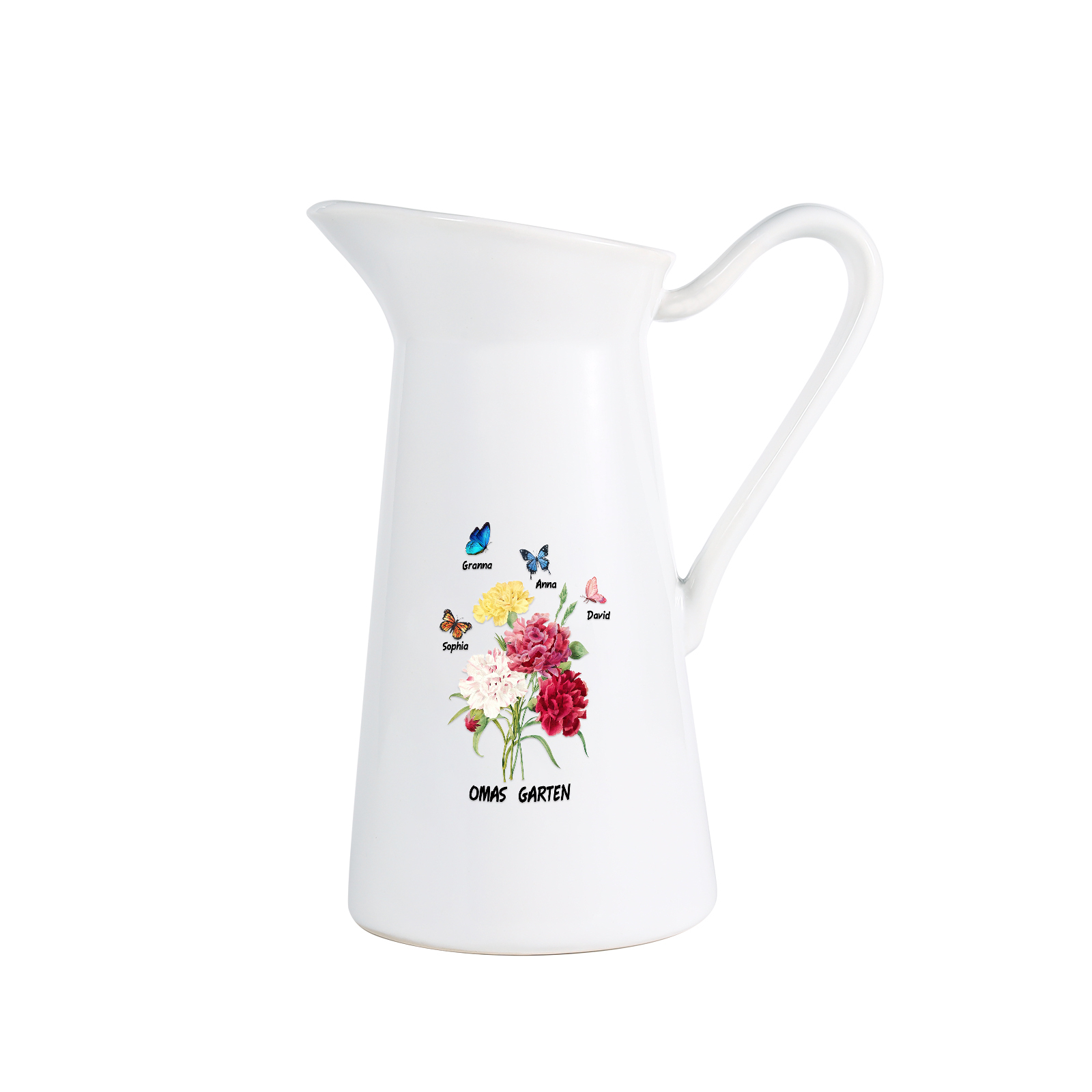 Personalisierte 4 Namen & Text Blumen & Schmetterling Gießvase mit Henkel Familie Vase