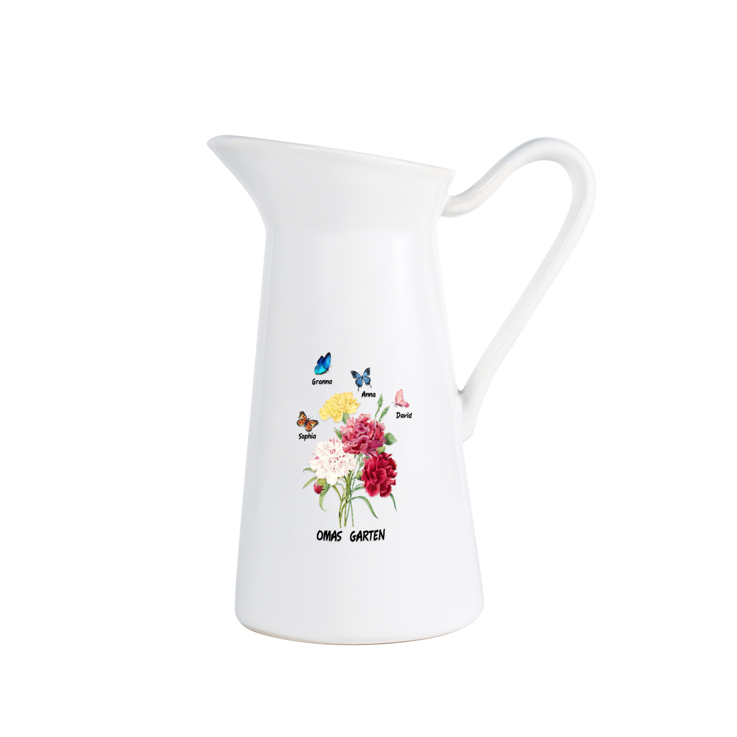 Personalisierte 4 Namen & Text Blumen & Schmetterling Gießvase mit Henkel Familie Vase