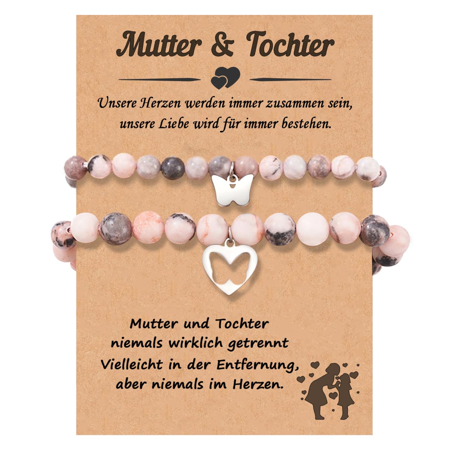 Schmetterling Steinperle Armbänder Set-Mutter & Tochter niemals wirklich getrennt-Geschenk mit Nachrichtenkarte
