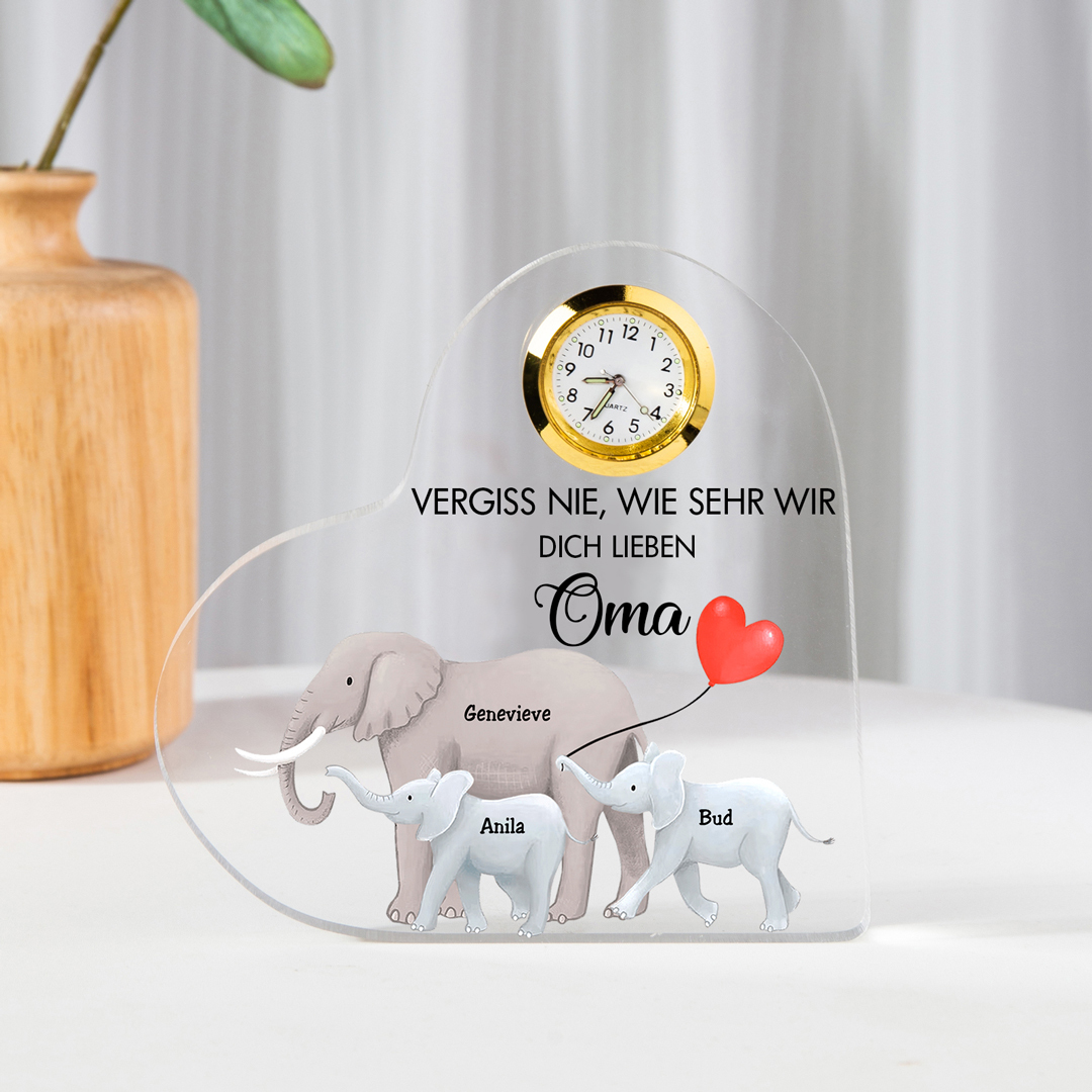 Acryl-Deko mit Uhr-Personalisierte 3 Namen & Text Elefant Schreibtischdekoration für Familie
