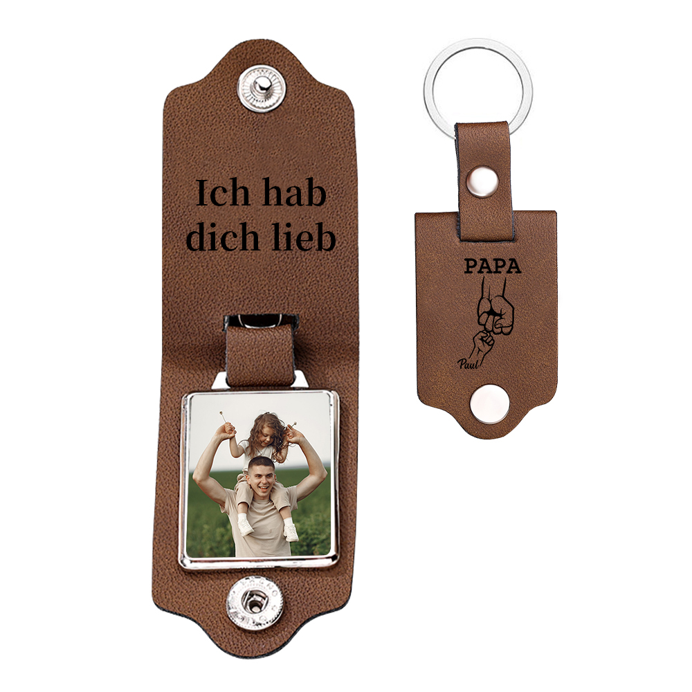 Personalisiertes Foto & Text & 1 Name Papa Faust Leder Schlüsselanhänger für Vater