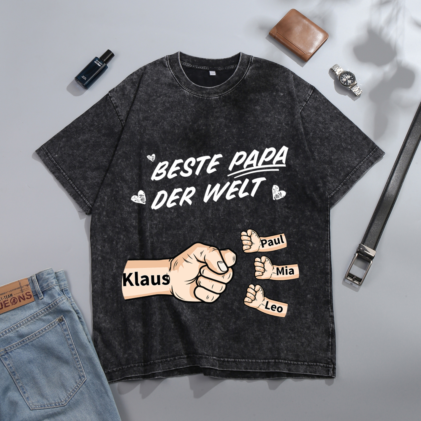 Personalisierte 1-6 Namen Fauststoß Bester Papa der Welt Herren Familie T-Shirt 