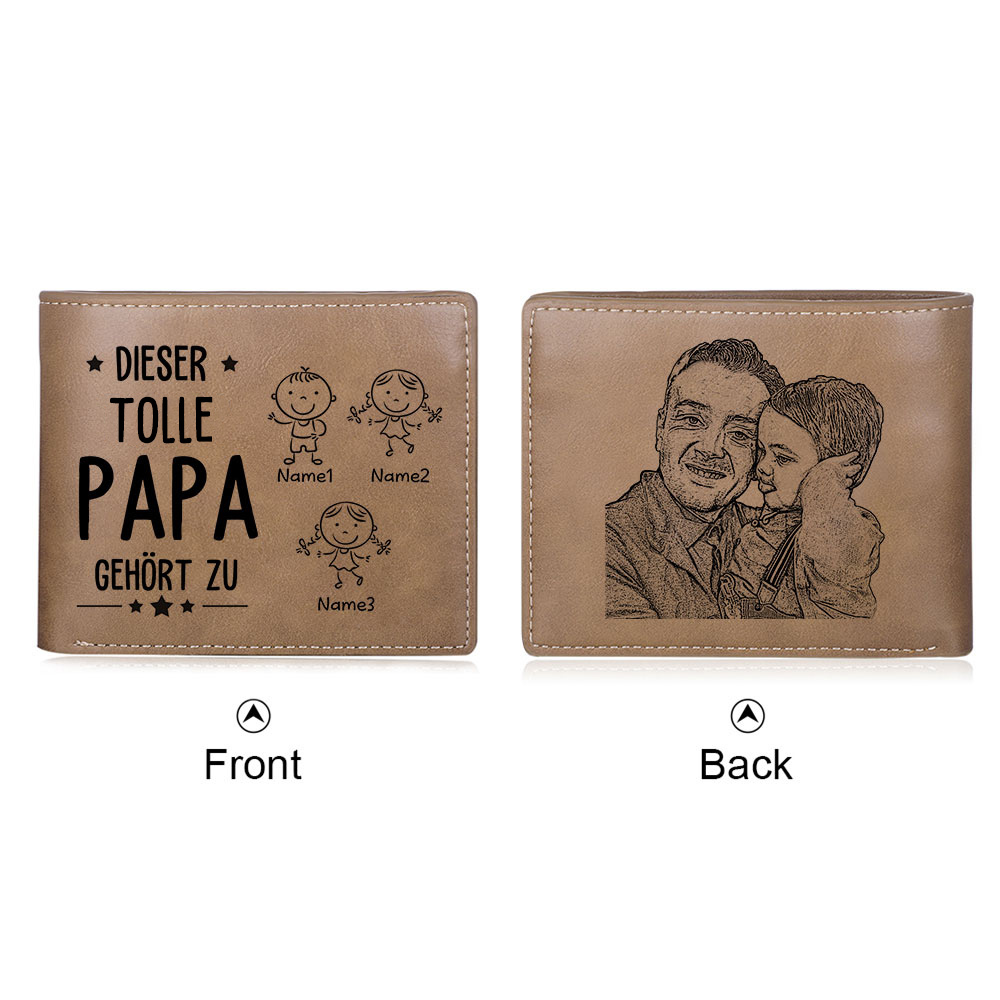 Personalisierte 3 Namen & Foto-Dieser tolle Papa gehört PU Leder Kurze Geldbörse für Vater