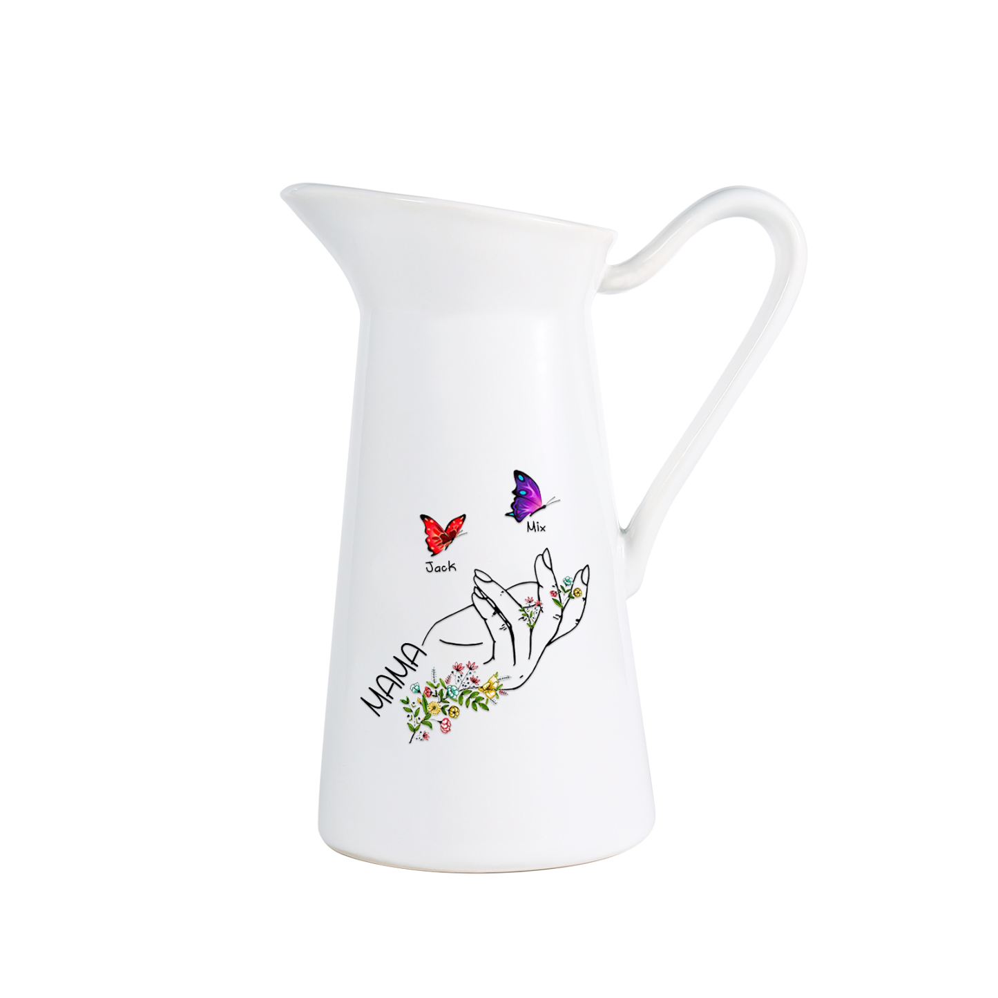 Personalisierte 2 Namen & Text Schmetterling in der Hand Gießvase mit Henkel Familie Vase