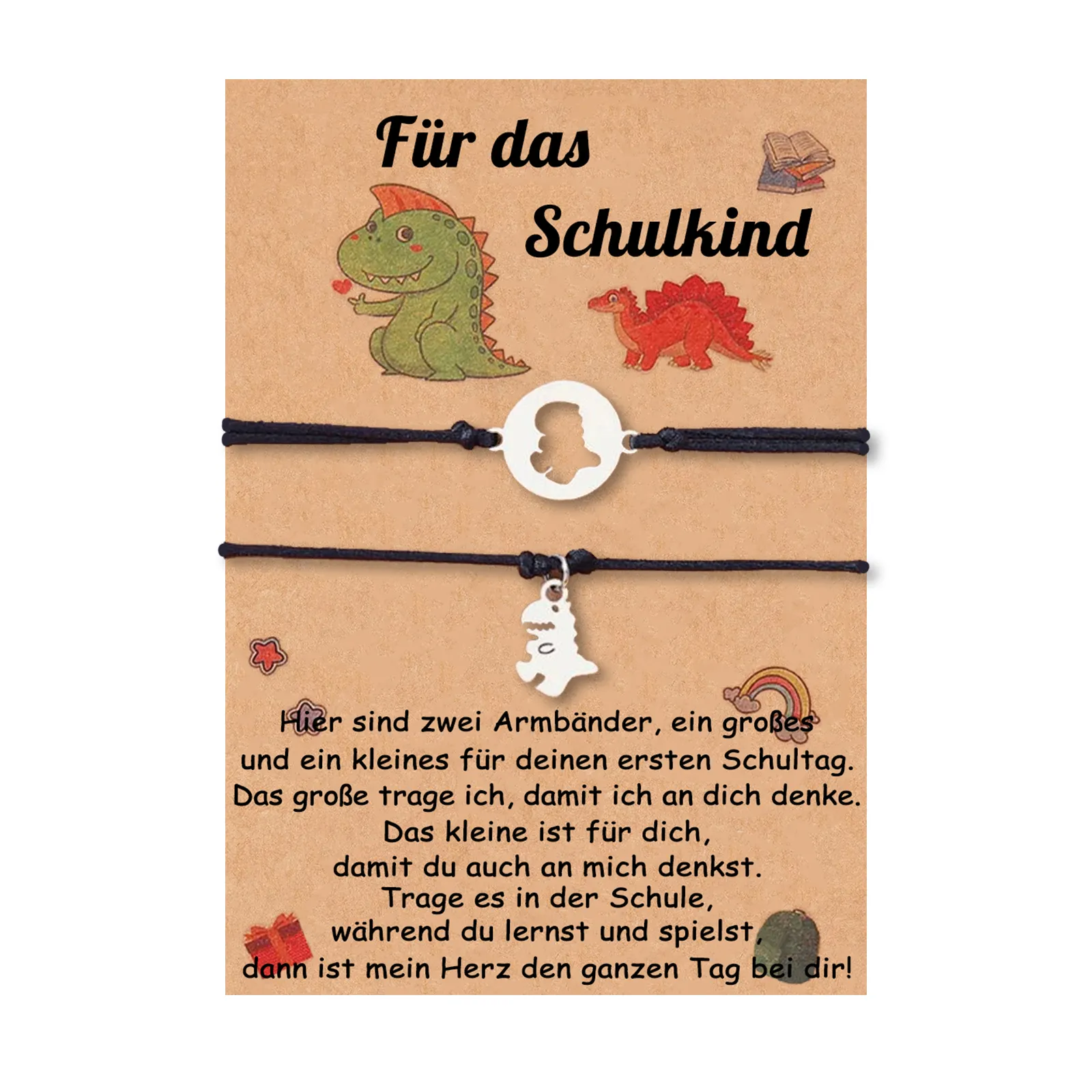 Schulanfang Geschenkset -Personalisierter Name & Datum Emaille Tasse & Dino Stifteetui Stifttasche & Dino Armbänder Set - Geschenk für Schulkind mit Geschenk Box