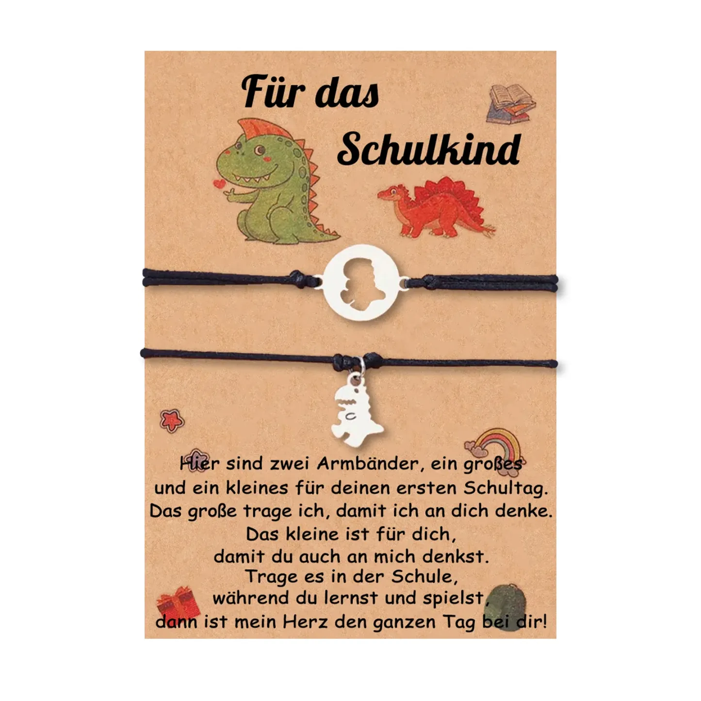 Schulanfang Geschenkset -Personalisierter Name & Datum Emaille Tasse & Dino Stifteetui Stifttasche & Dino Armbänder Set - Geschenk für Schulkind mit Geschenk Box