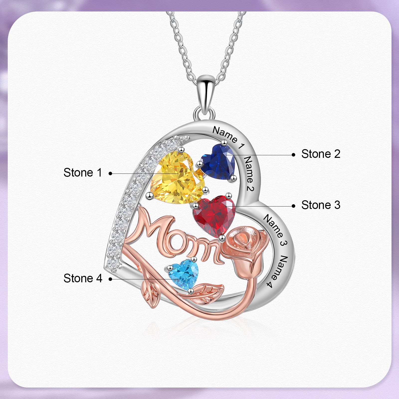 Personalisierte 4 Namen Herz Rose Gravur "MOM" Halskette mit 4 Geburtssteinen