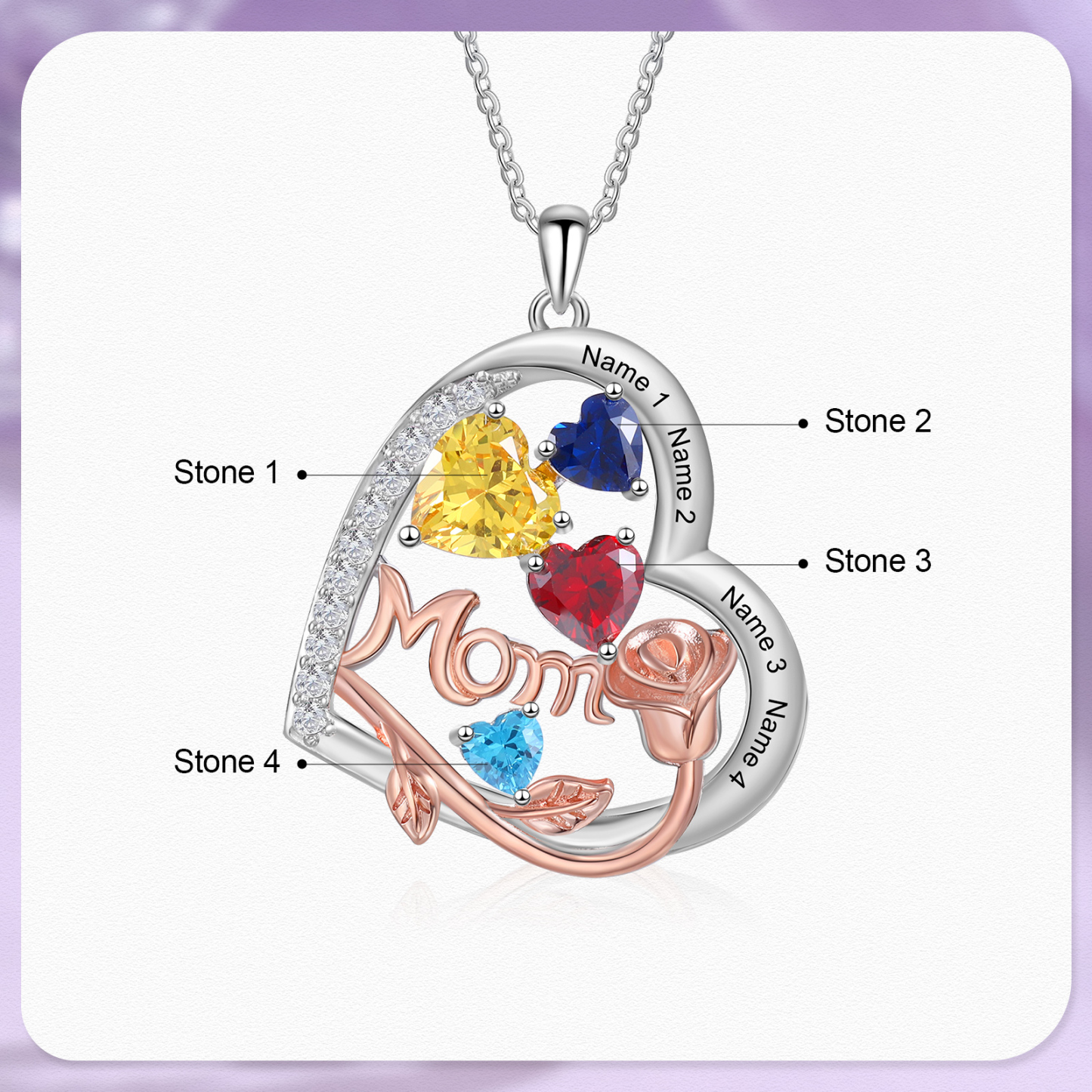 Personalisierte 4 Namen Herz Rose Gravur "MOM" Halskette mit 4 Geburtssteinen