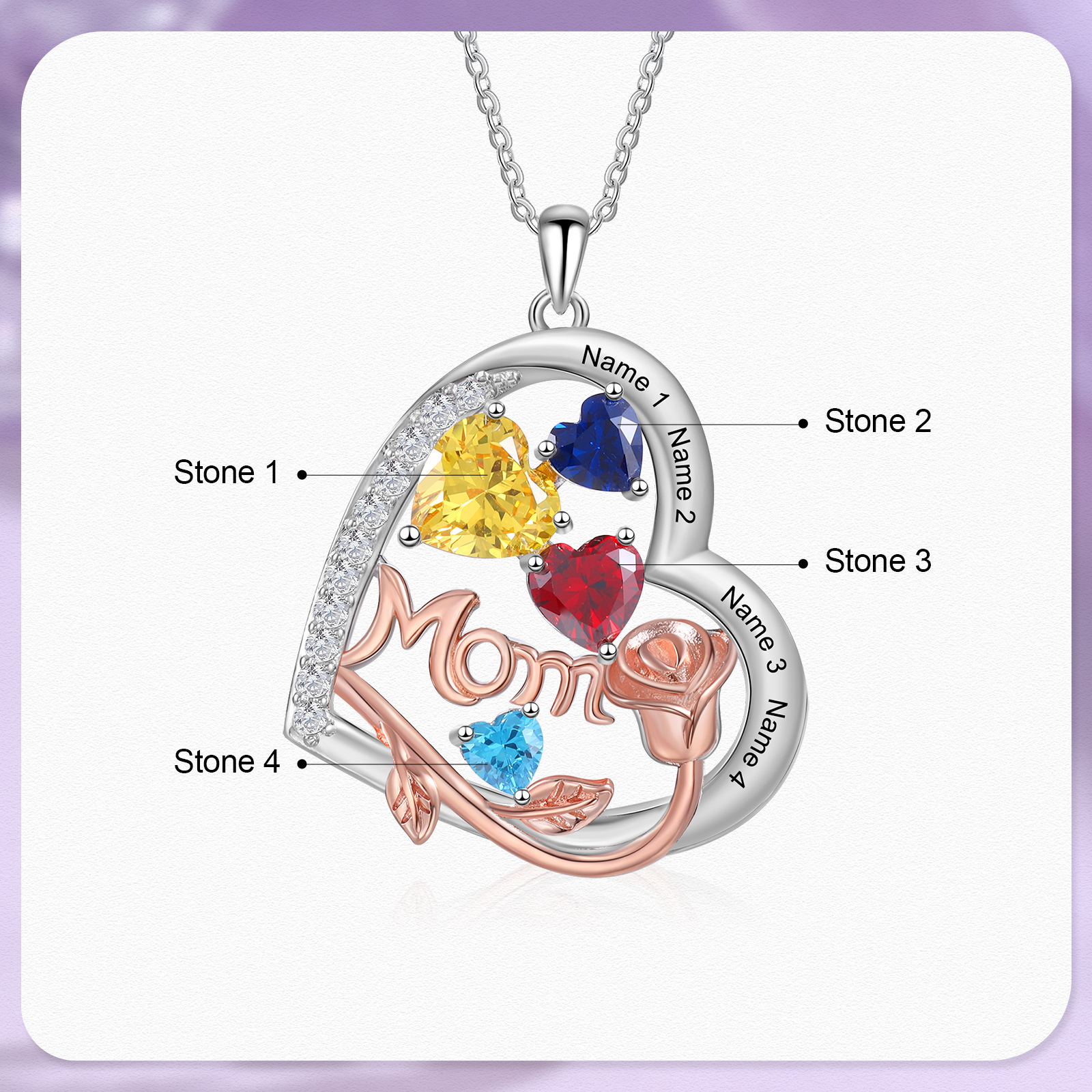 Personalisierte 4 Namen Herz Rose Gravur "MOM" Halskette mit 4 Geburtssteinen