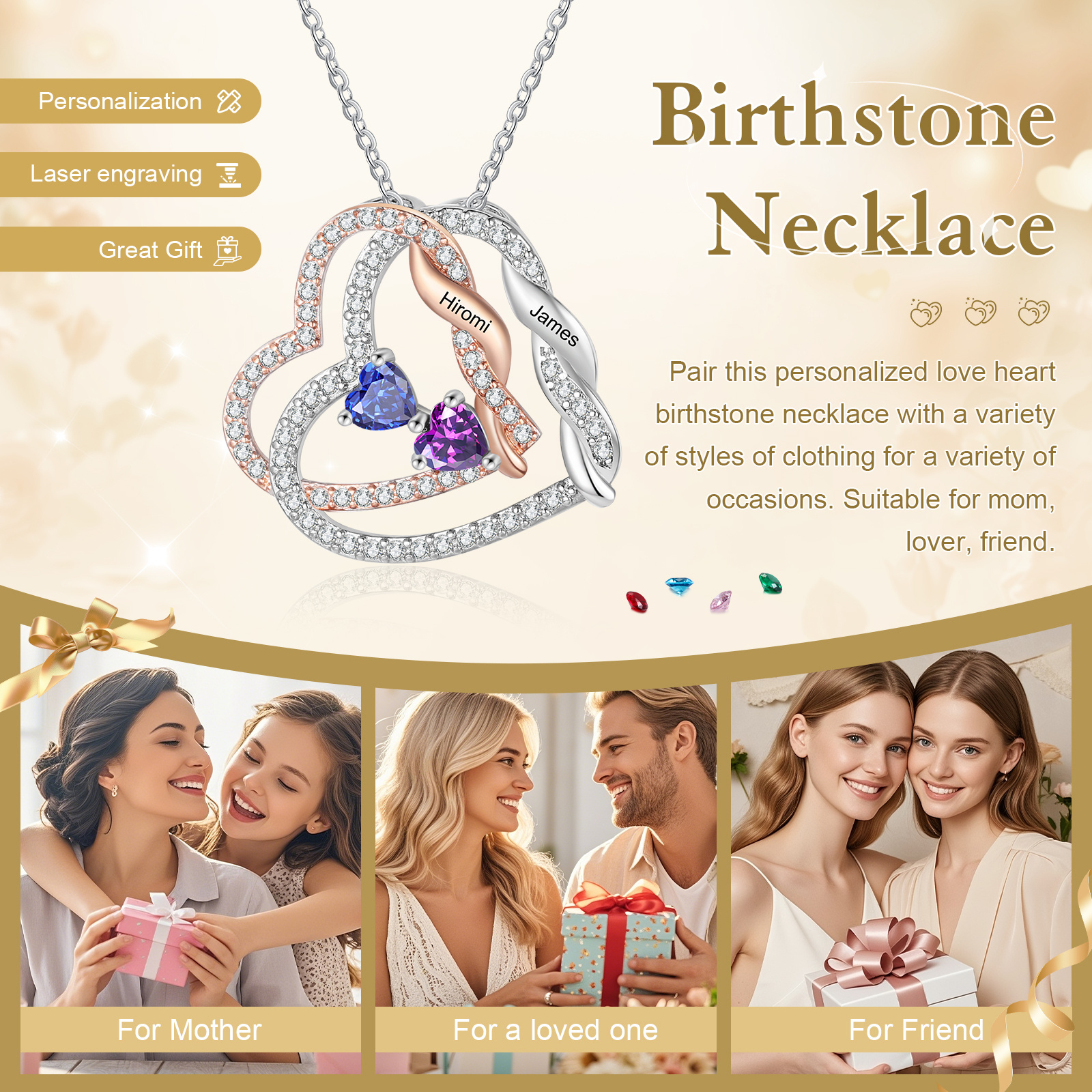 Personalisierte Herz-an-Herz-Geburtsstein-Halskette mit Diamant