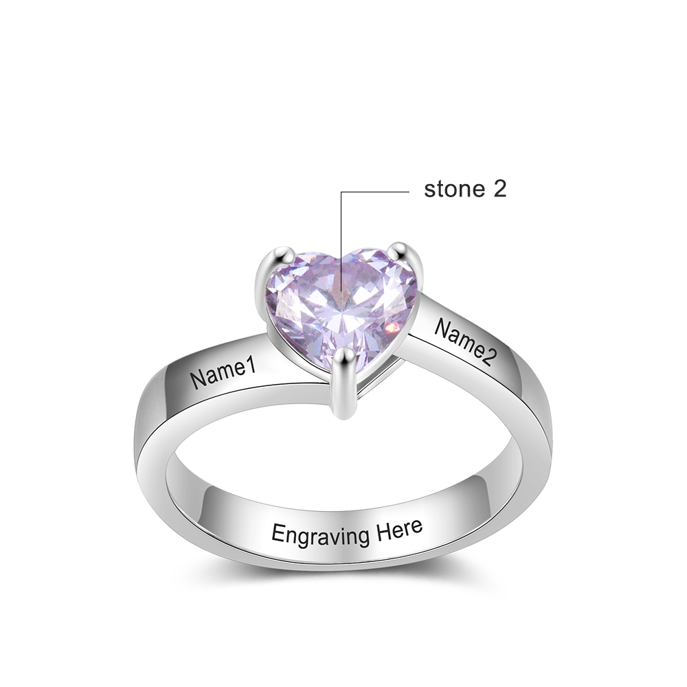925 Sterling Silber Ring mit 2 Namen und 1 Geburtsstein mit Gravuren