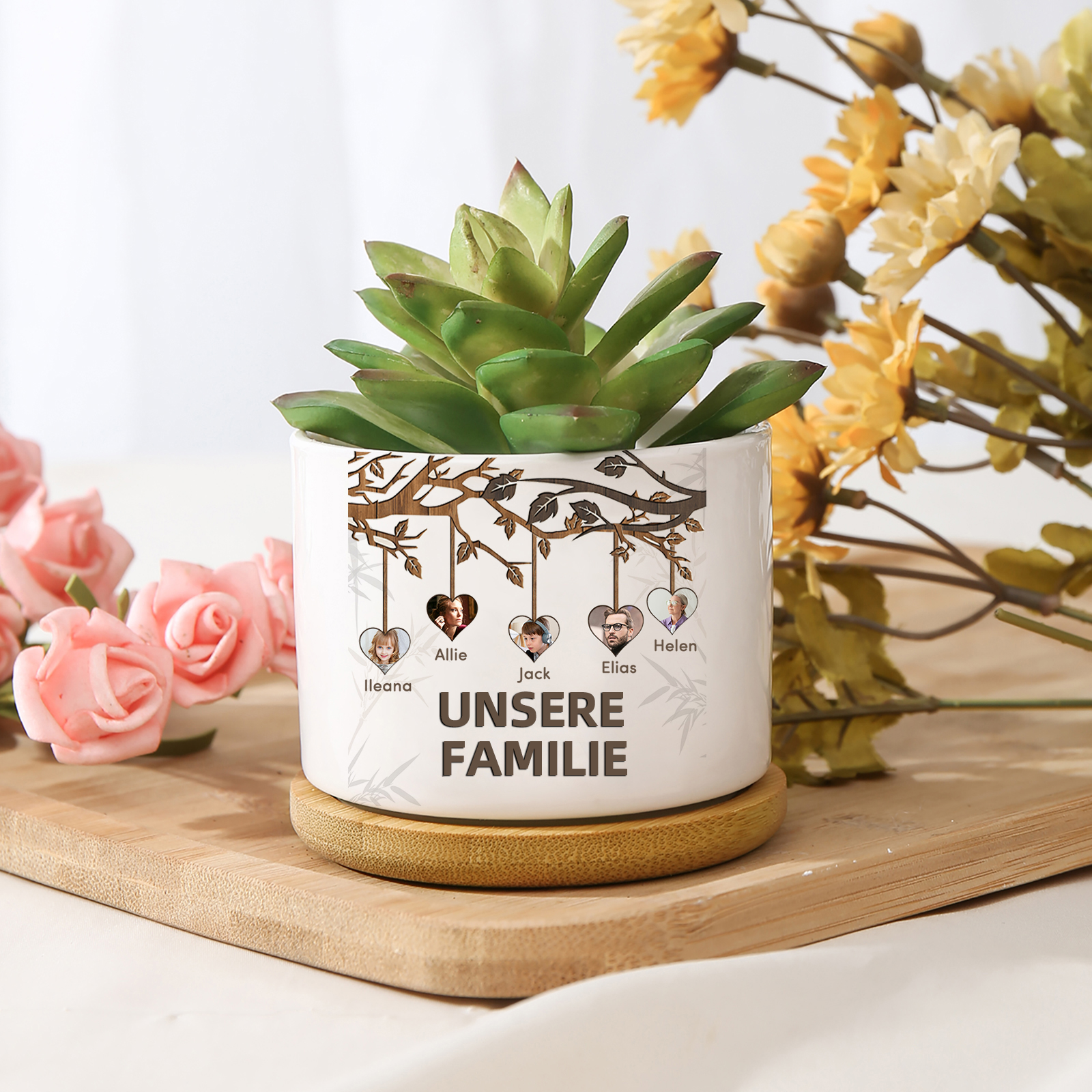 Personalisierbarer Text & 5 Fotos Familienbaum Familie Blumentopf
