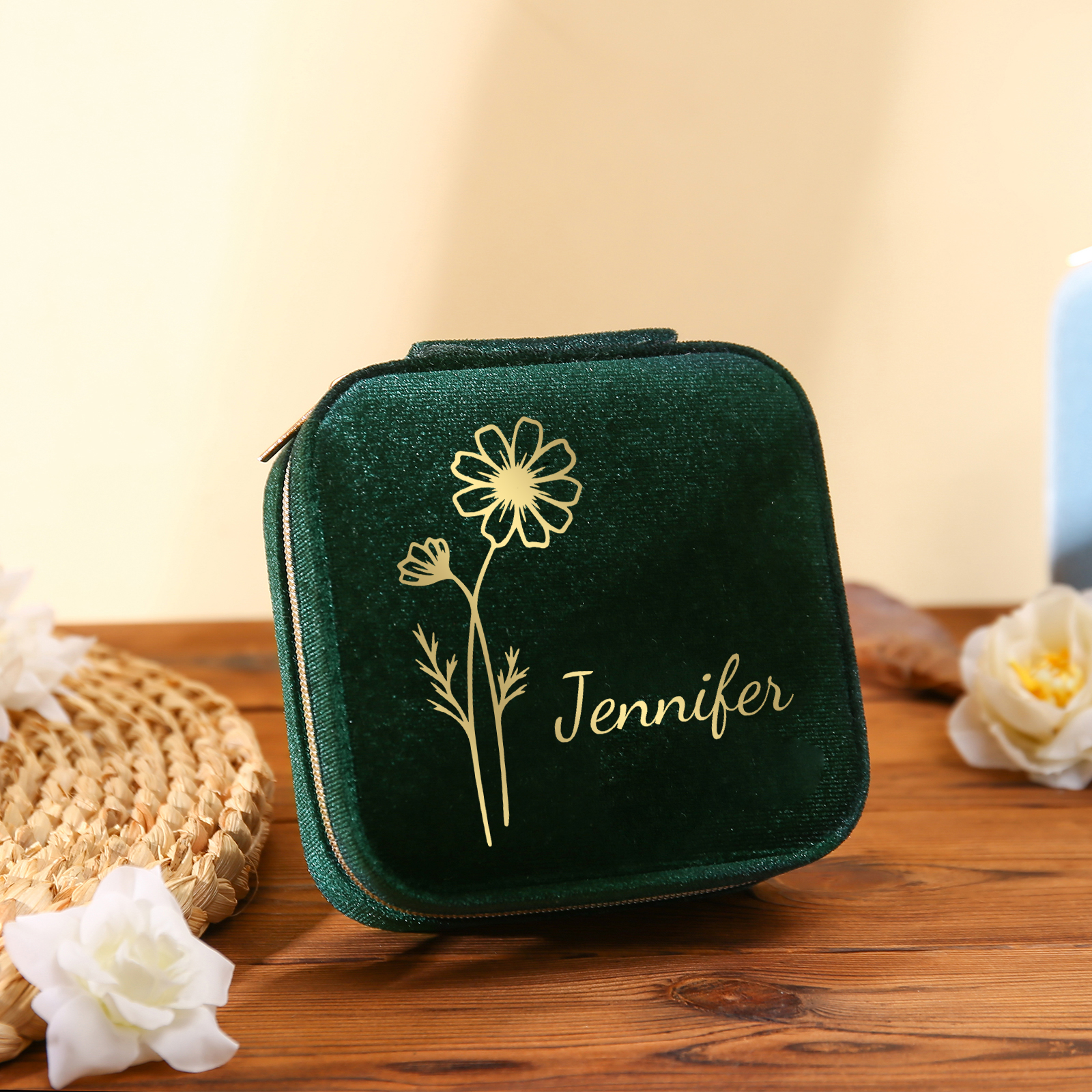 Personalisierbarer Name & Geburtsblume klein Velvet Schmuckaufbewahrung Schmuckzubehör Aufbewahrungsbox für Schmuck