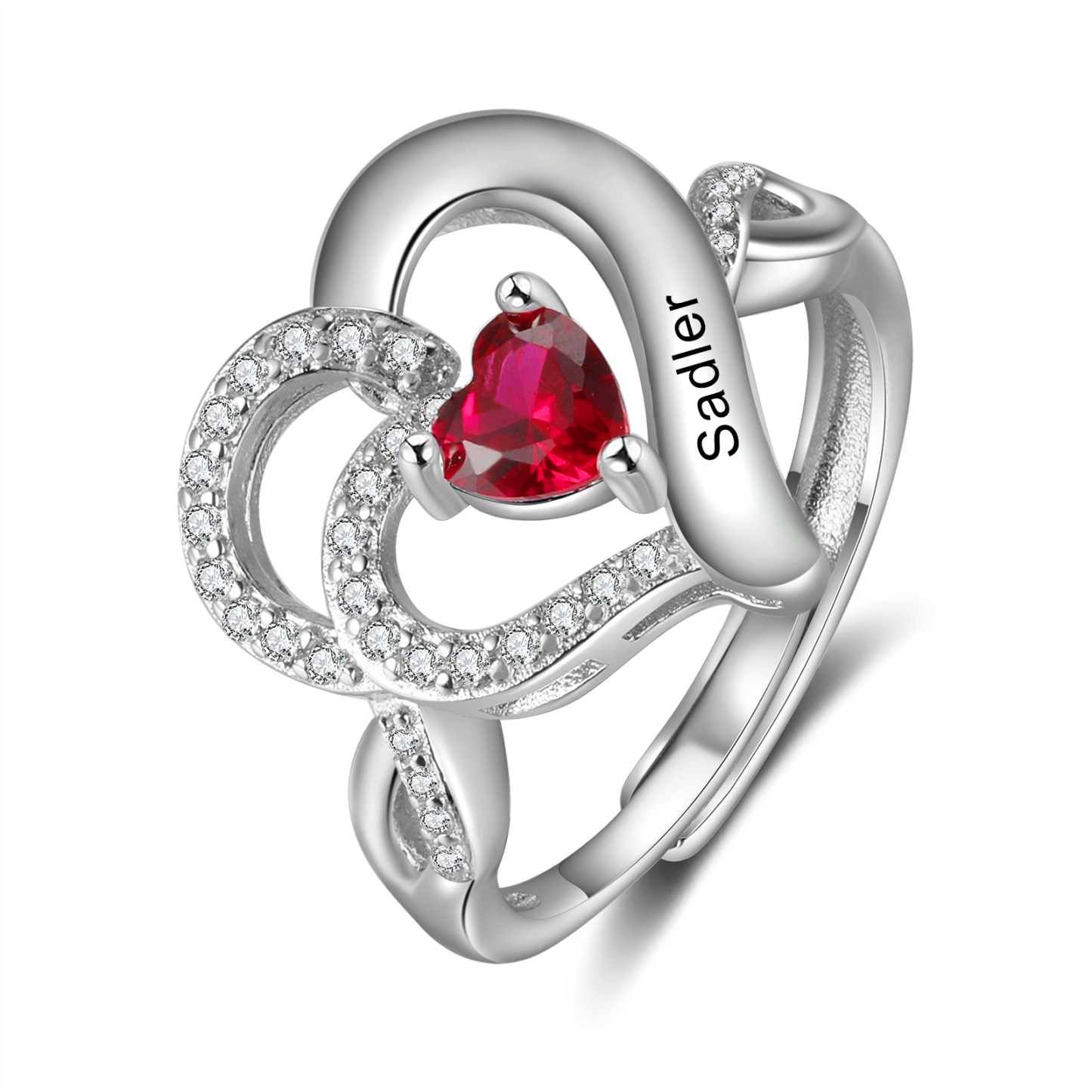 Personalisierter 1 Name & Geburtsstein Herz Offener Ring mit Zirkonia