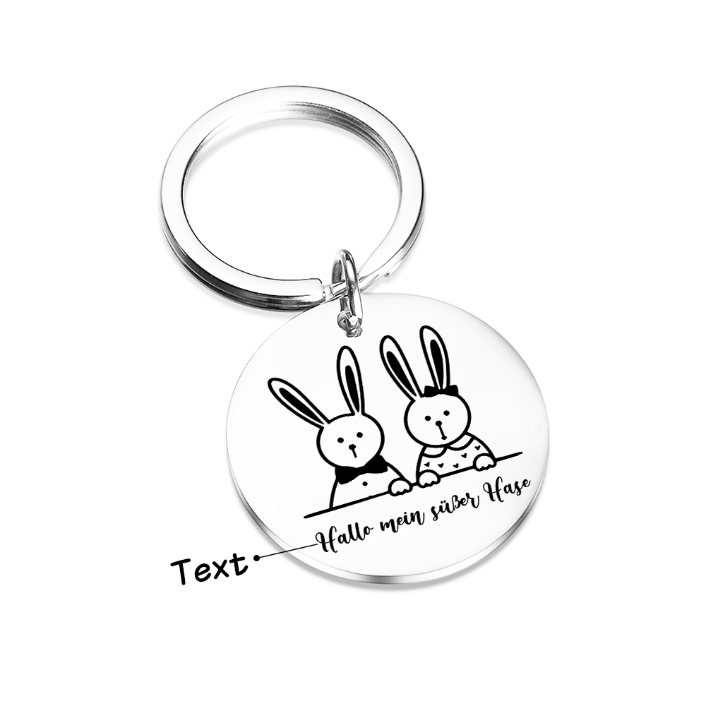 Personalisierbarer Text Rund Metall Hase Schlüsselanhänger – Geschenk mit Nachrichtenkarte für Paar