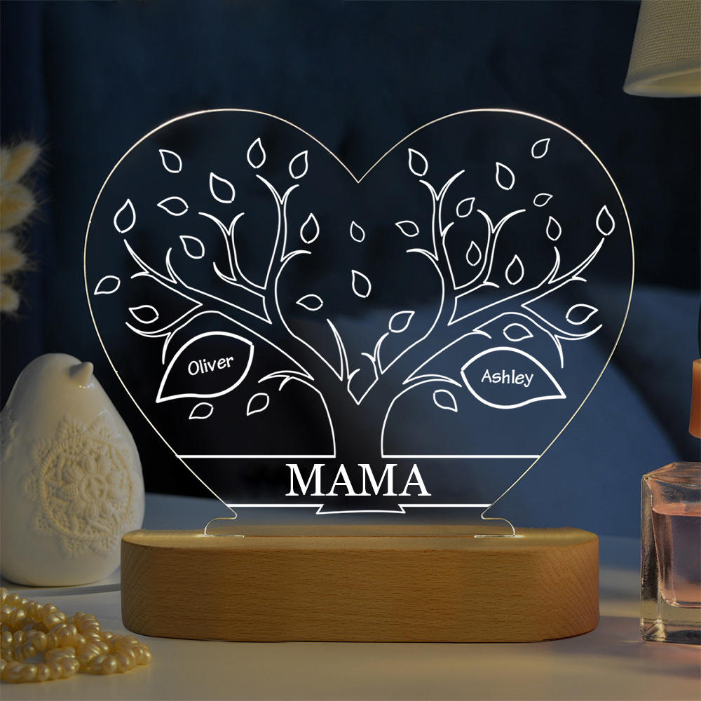 Personalisierte 2 Namen & Text Herz Familienbaum Familie Nachtlicht Geschenk für Großmutter/Mutter zum Muttertag