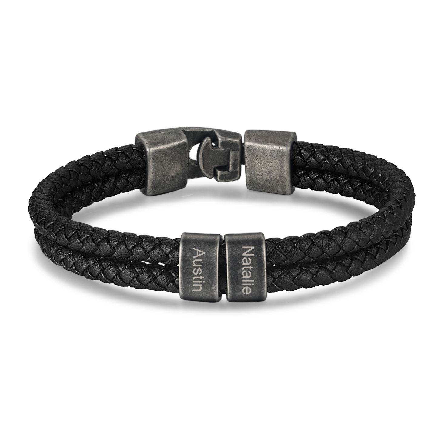 Personalisiertes Herren 2 Namen Leder Vintage Armband mit Edelstahl Perle