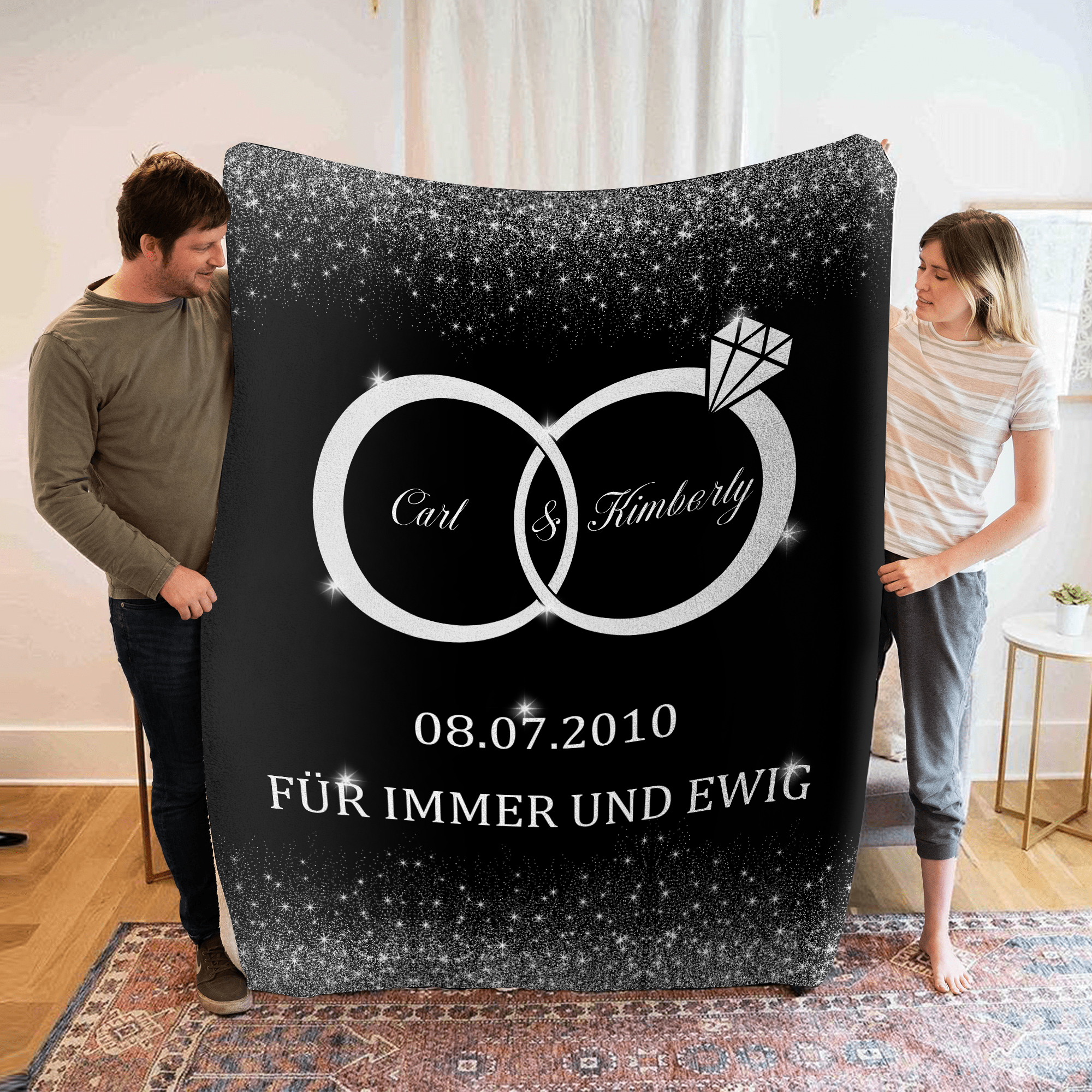 Personalisierte 2 Namen & Datum Paar Ring-Für immer & ewig- Decke Für Paare