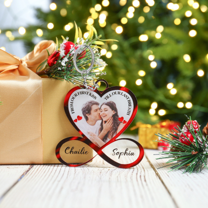 Personalisierbare 2 Namen & 2 Texte & Foto Herz Acryl Schlüsselanhänger für Paare