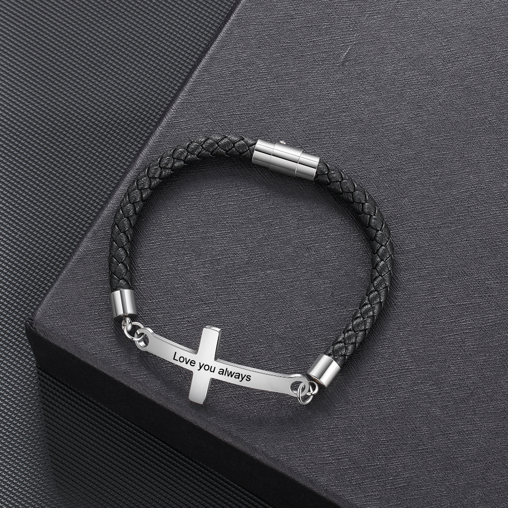Kommunion Herren Lederarmband mit Kreuz personalisierter Armband mit Grauvr