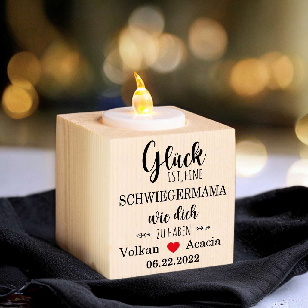 Holz Kompliment Kerzenhalter Personalisierte 2 Namen & Datum 1 bedruckte Seite-Glück ist eine Schwiegermutter wie dich zu haben-Geschenk für Schwiegermutter