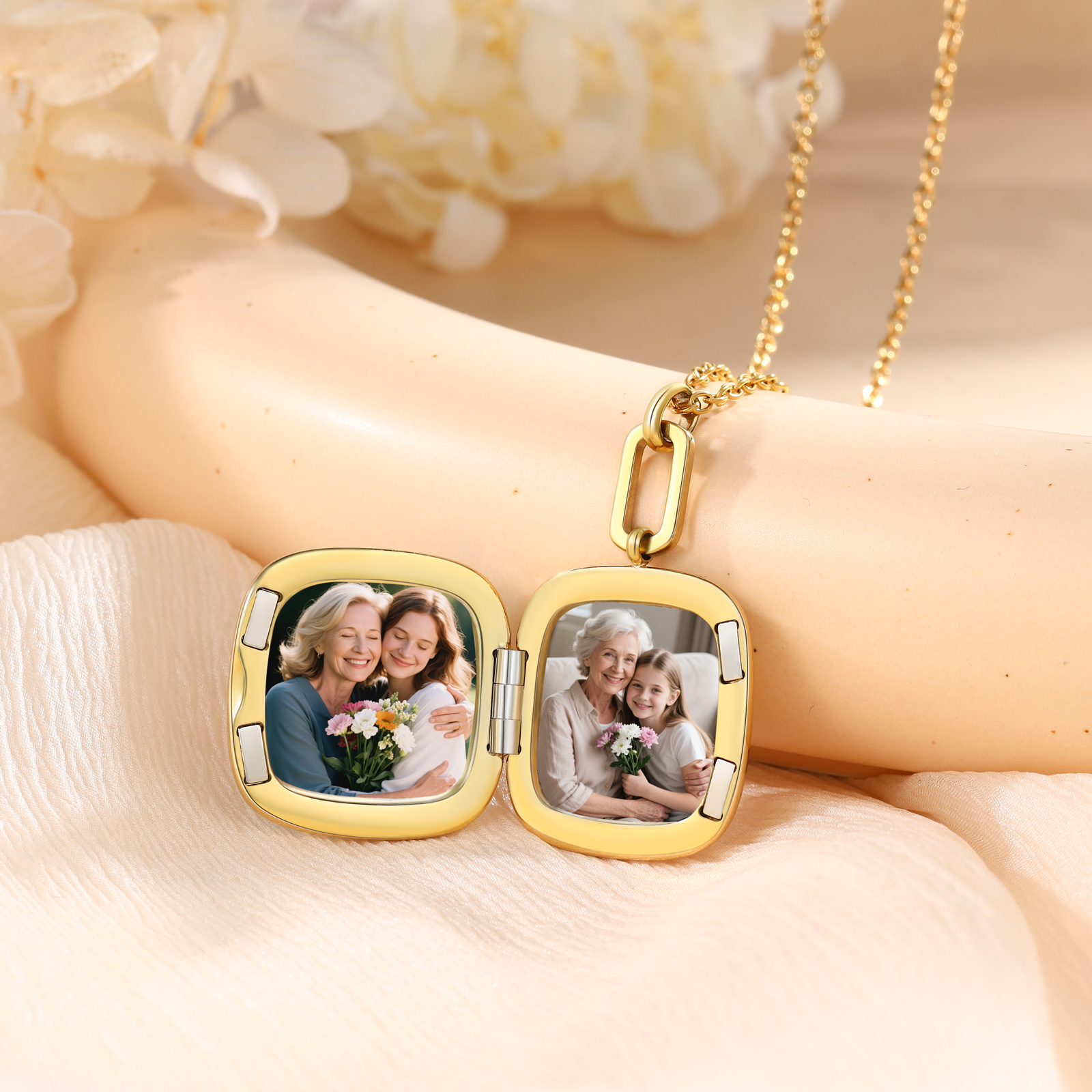 Personalisierte Medaillon-Halskette mit 2-Foto, Gravur-Wunschtext für Familie