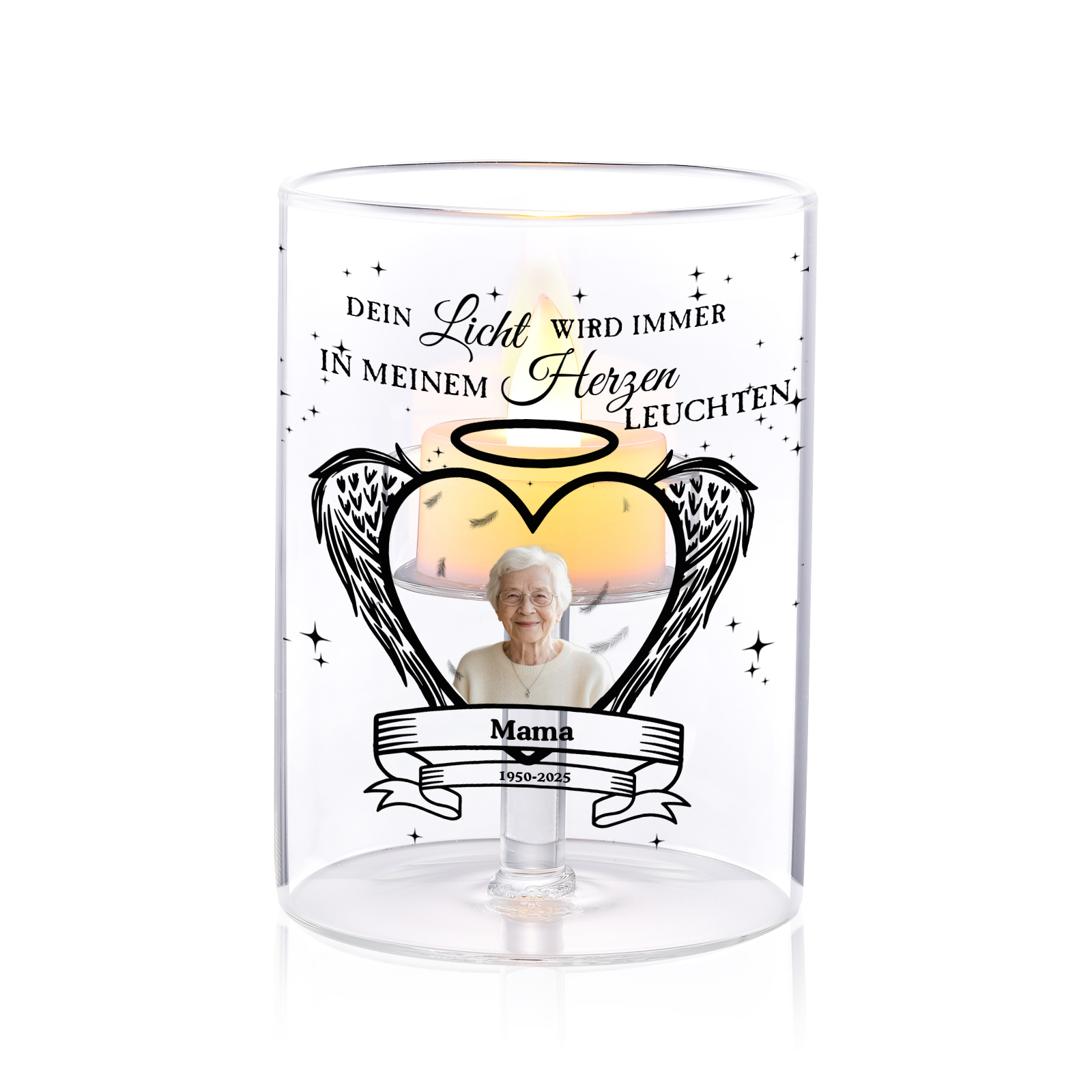 Personalisierter Gedenkkerzenhalter mit Foto und Engelsflügeln