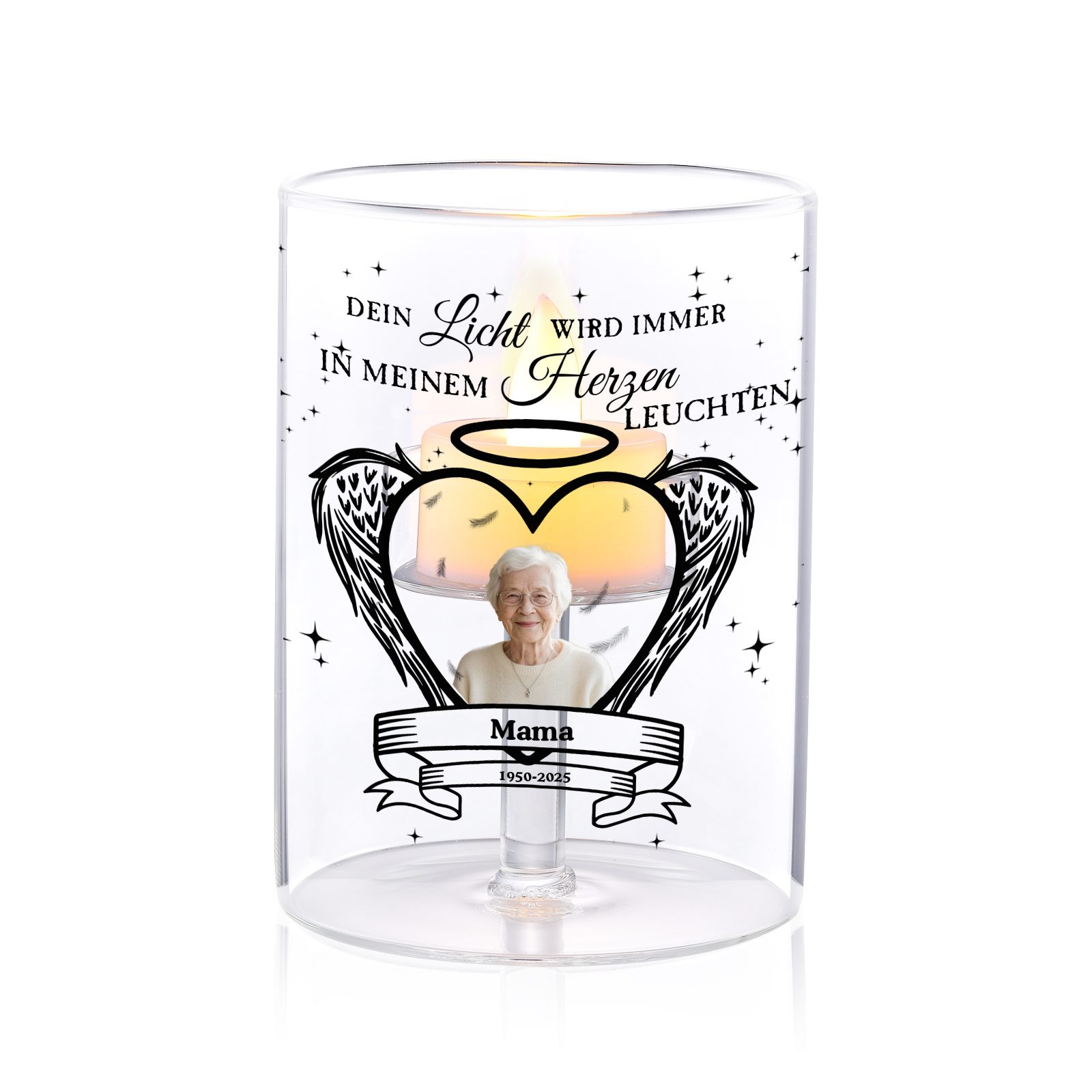 Personalisierter Gedenkkerzenhalter mit Foto und Engelsflügeln