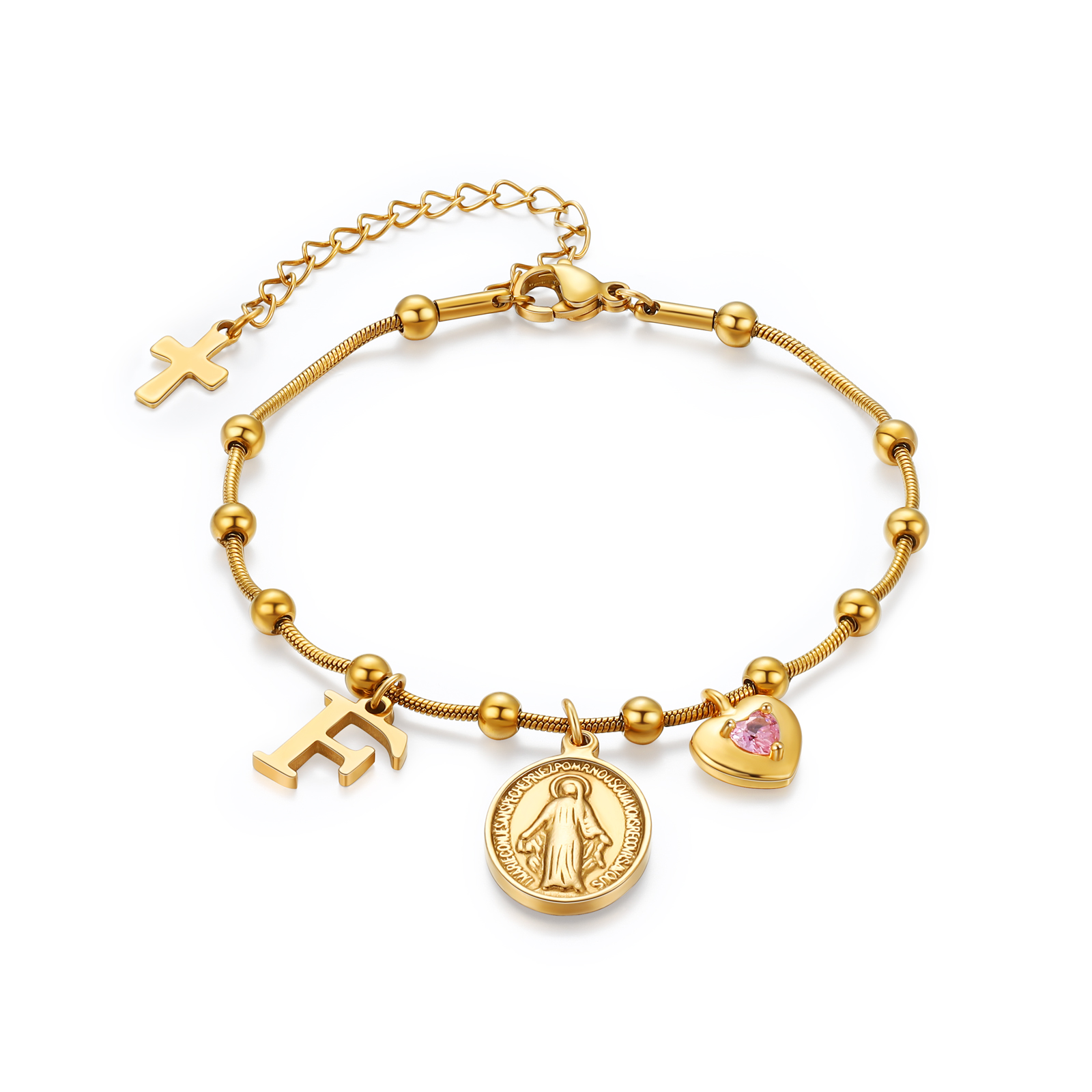 Armband in Gold mit Jungfrau Maria, Kreuz, Geburtsstein und Initiale