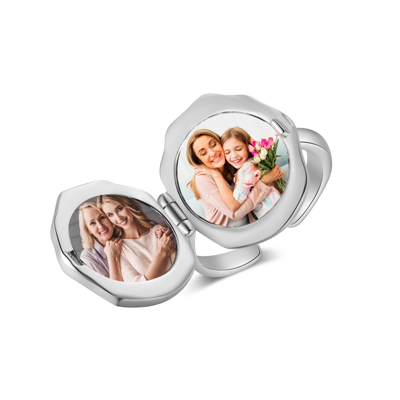 Personalisierter Medaillon-Ring mit Engel-Relief und 2 Fotos