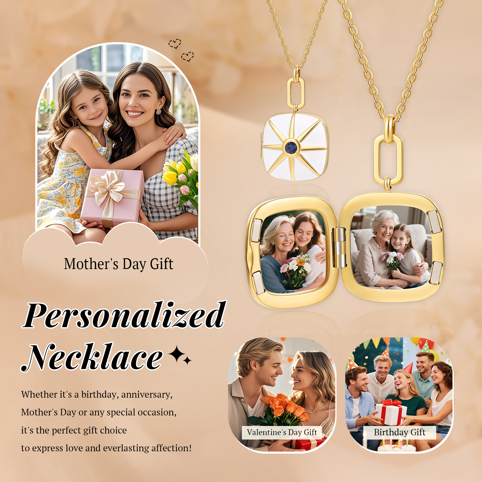 Personalisierte Medaillon-Halskette mit 2-Foto, Gravur-Wunschtext für Familie