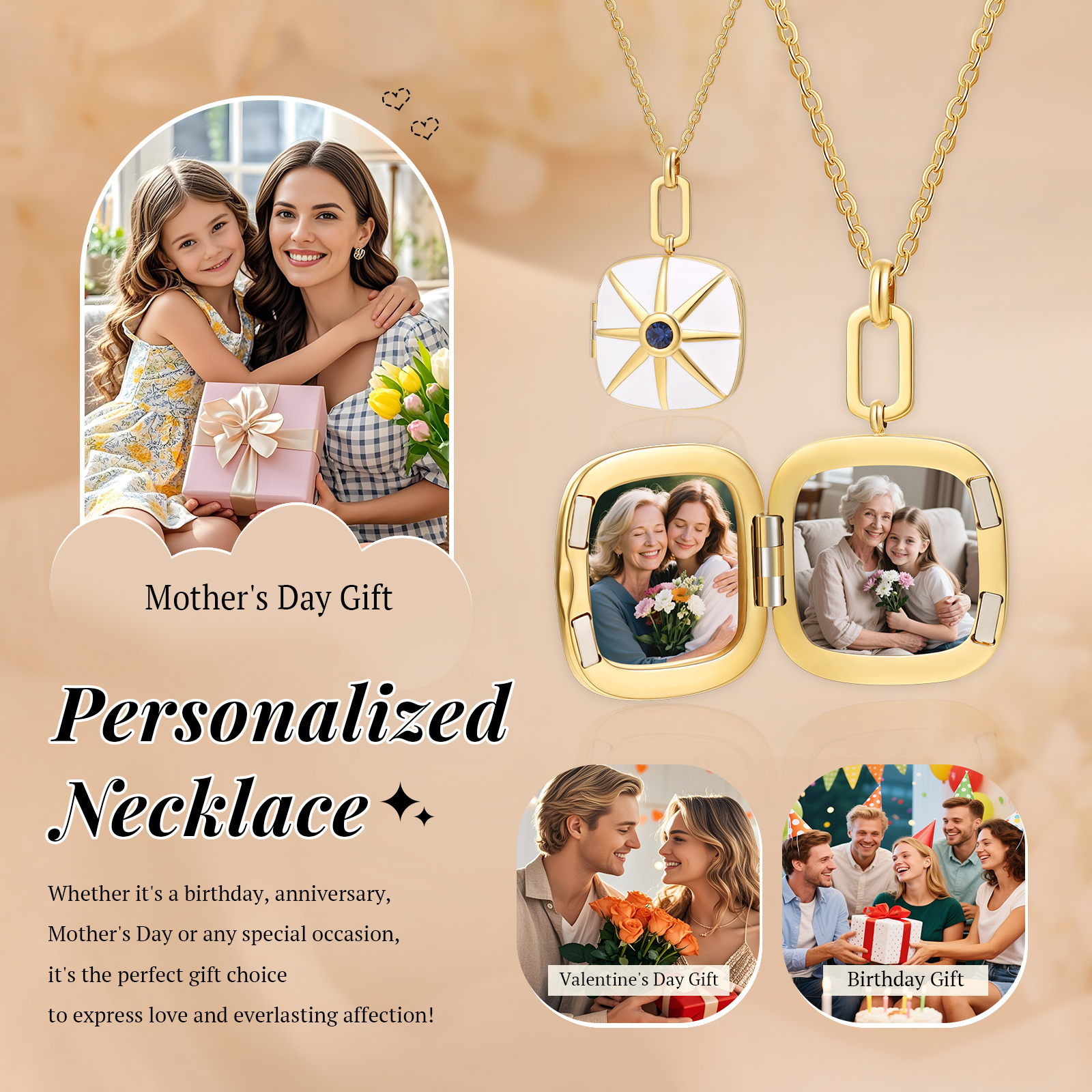 Personalisierte Medaillon-Halskette mit 2-Foto, Gravur-Wunschtext für Familie