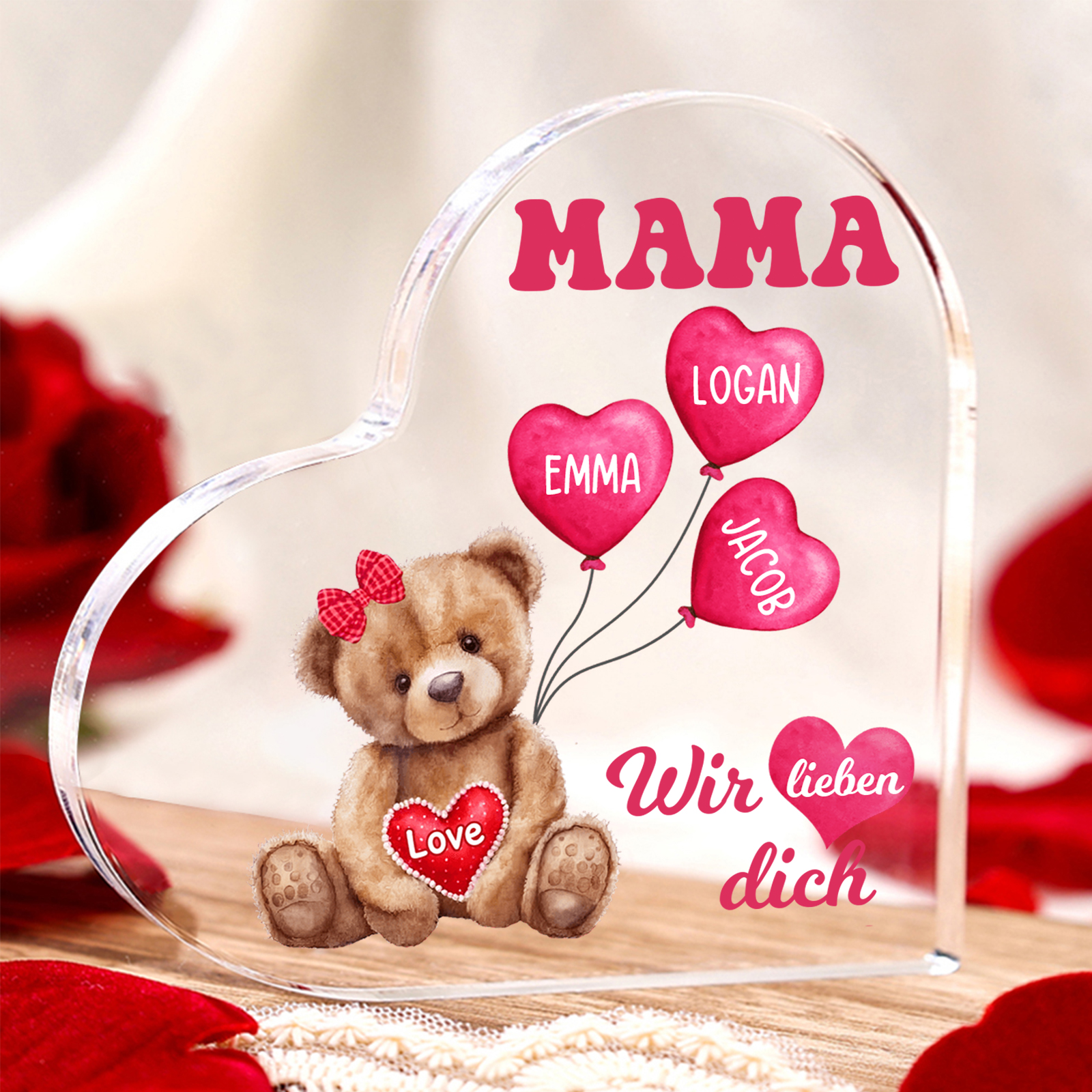 Personalisierte 3 Namen & Text Herz Acryl-Deko Teddybär & Herzballon -Wir lieben dich- Familie Schreibtischdekoration