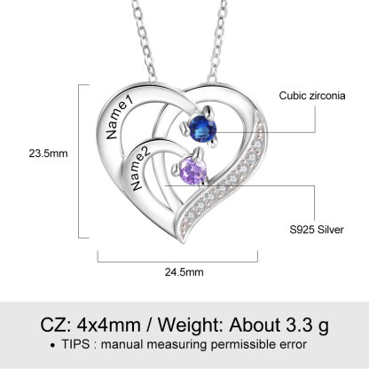 925 Sterling Silber Personalisierte 2 Namen Herz Halskette mit 2 Geburtssteinen