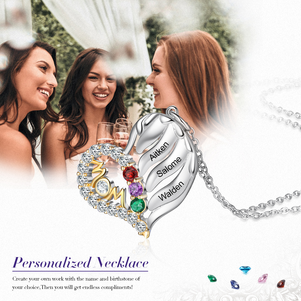 S925 Silber Gravur 3 Namen "MOM" Herz Halskette mit 3 Geburtssteinen