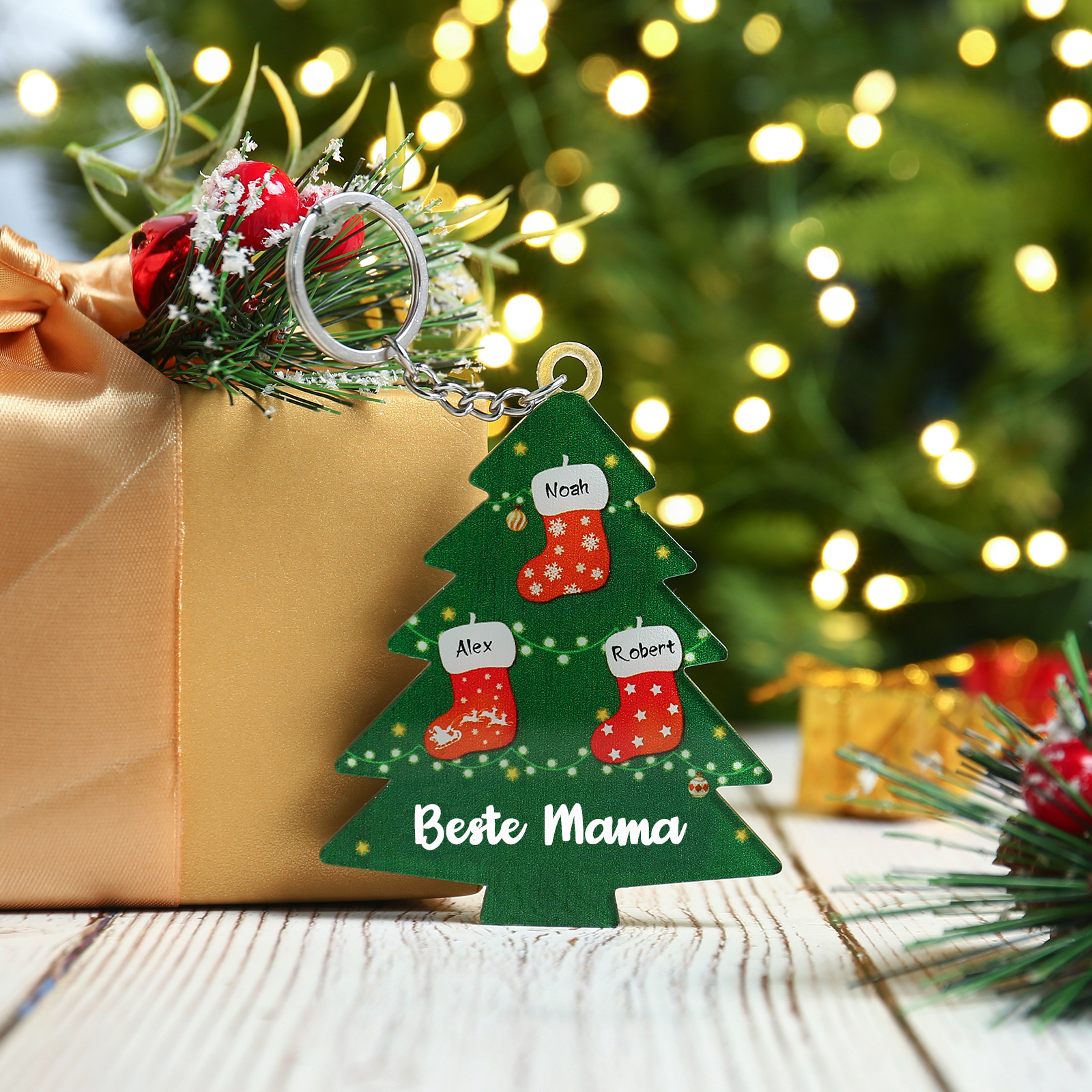 Personalisierbare 3 Namen & Text Weihnachtsbaum Acryl Schlüsselanhänger