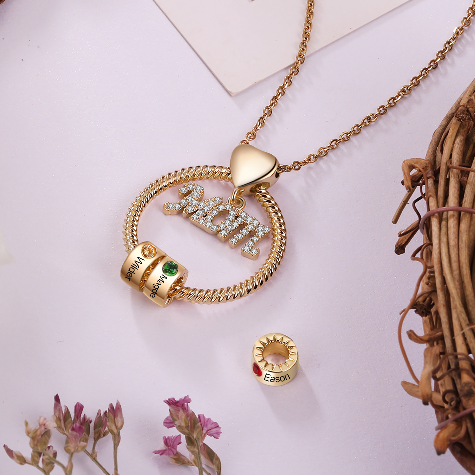 Personalisierte 2 Namen Gravur "MAMA"/MOM/OMA Halskette mit 2 Geburtssteinen