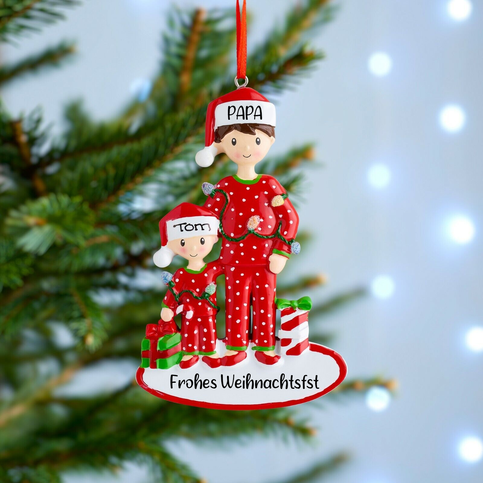 Holz Weihnachtsornament-Personalisierte 2 Namen Text Weinhachten Vater & Kind-Kostüm Ornament