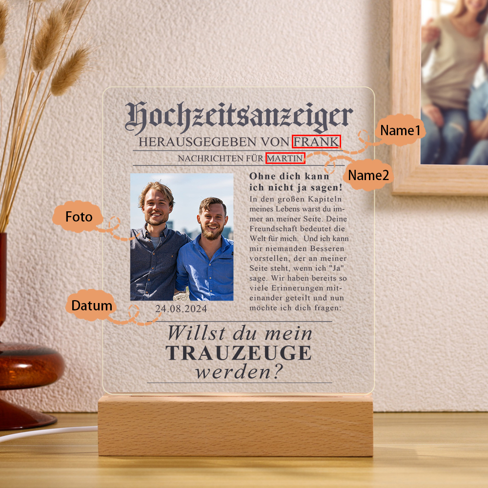 Hochzeitsanzeiger Nachtlicht-Personalisierter Foto & 2 Namen & Datum-Willst du mein Trauzeuge werden-Hochzeit Geschenk