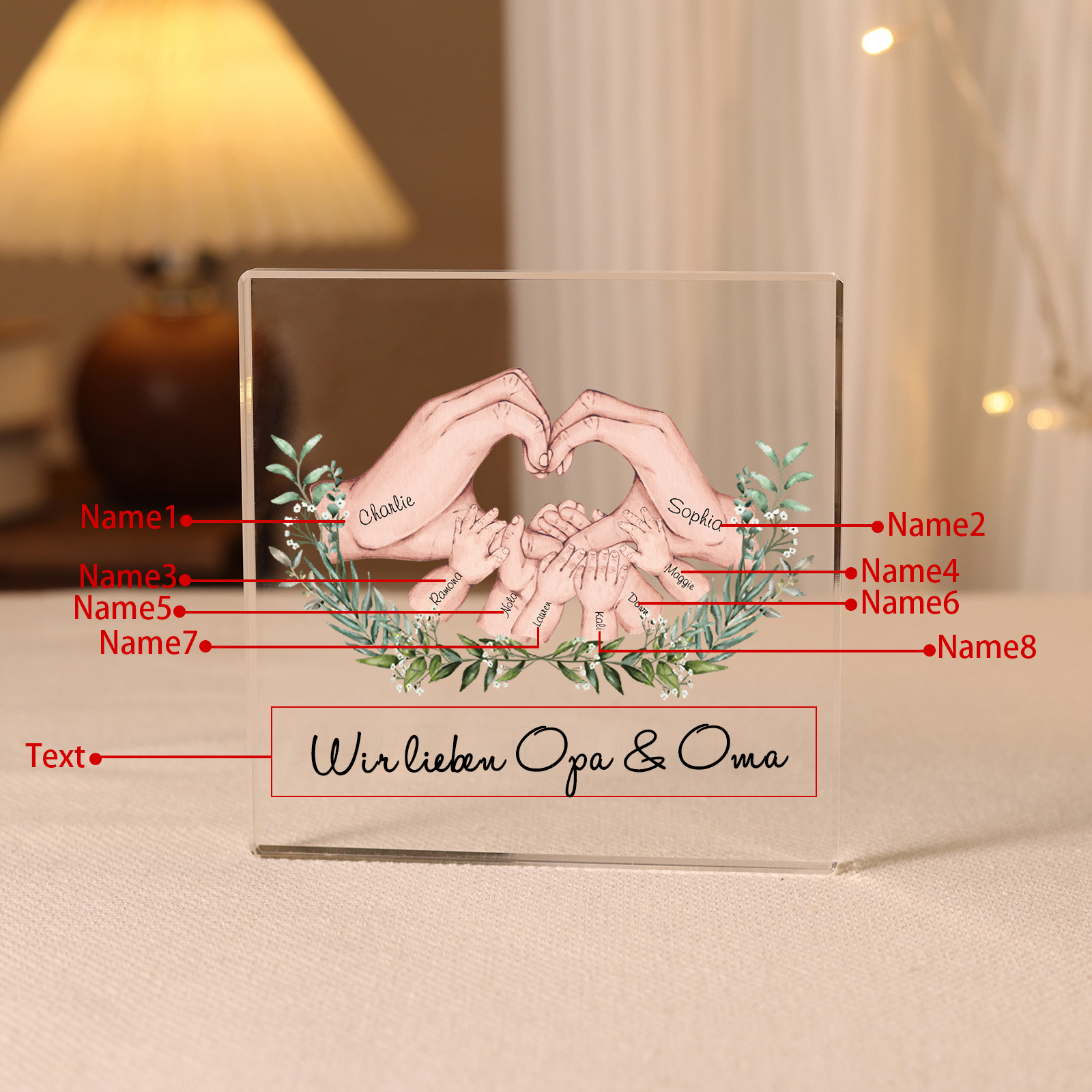 Quadrat Acryl-Deko Personalisierte 8 Namen & Text Herz Hand Familie Schreibtischdekoration