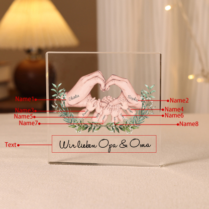 Quadrat Acryl-Deko Personalisierte 8 Namen & Text Herz Hand Familie Schreibtischdekoration