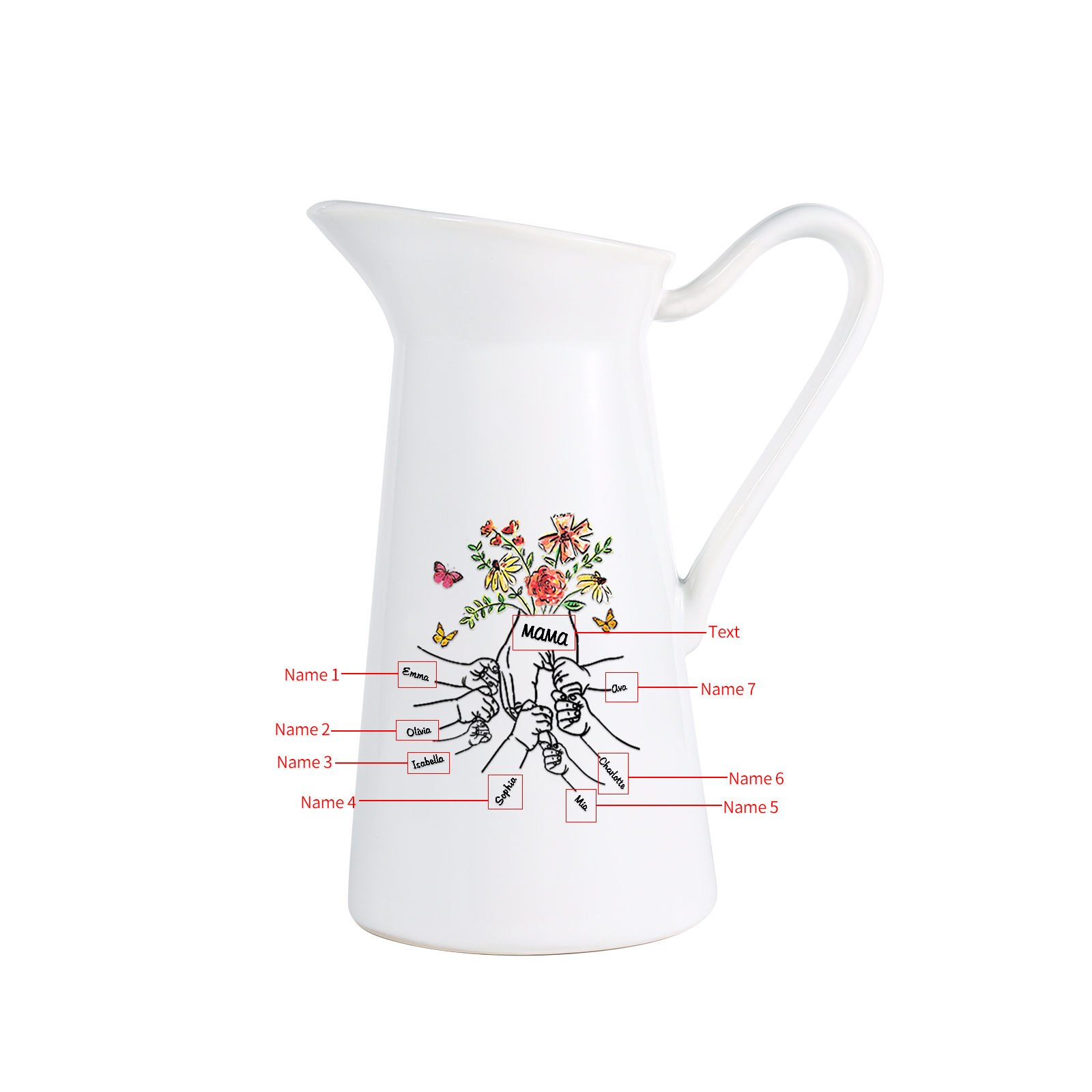 Personalisierte 8 Namen & Text Blumen Hand Gießvase mit Henkel Familie Vase