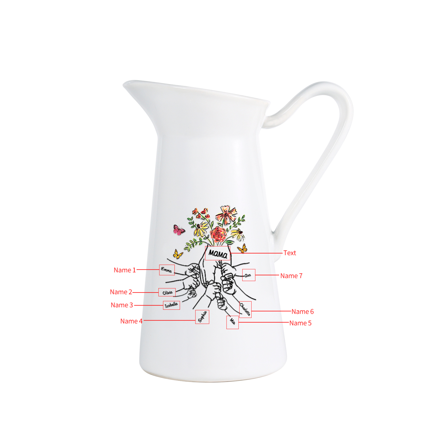 Personalisierte 8 Namen & Text Blumen Hand Gießvase mit Henkel Familie Vase