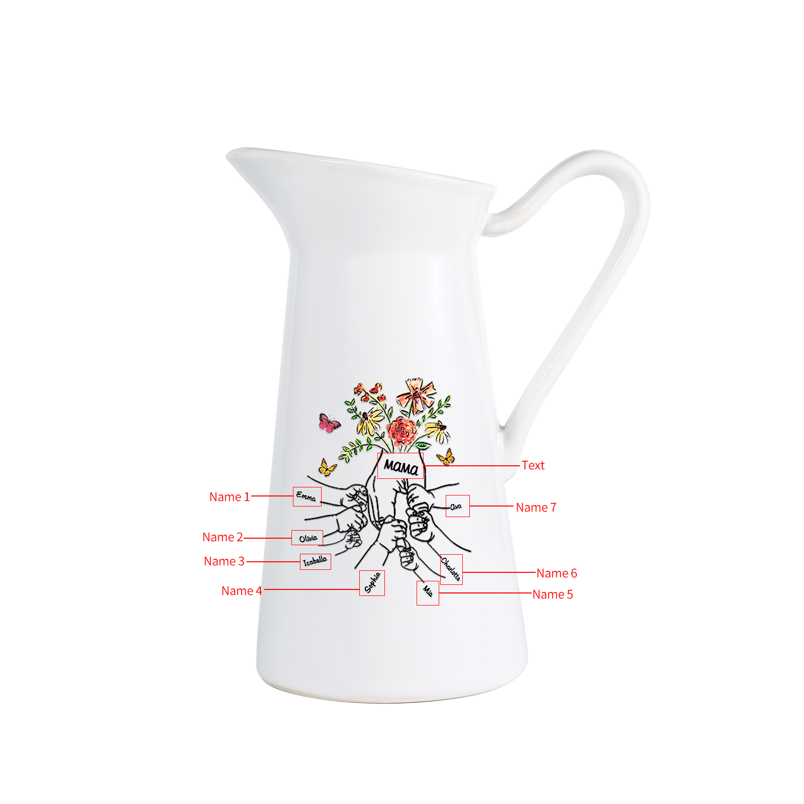 Personalisierte 8 Namen & Text Blumen Hand Gießvase mit Henkel Familie Vase