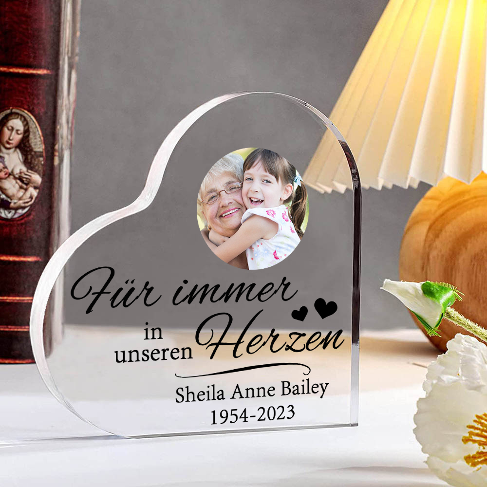 Personalisierter Text & Foto Acryl-Deko-Für immer in unseren Herzen-Trauer Schreibtischdekoration